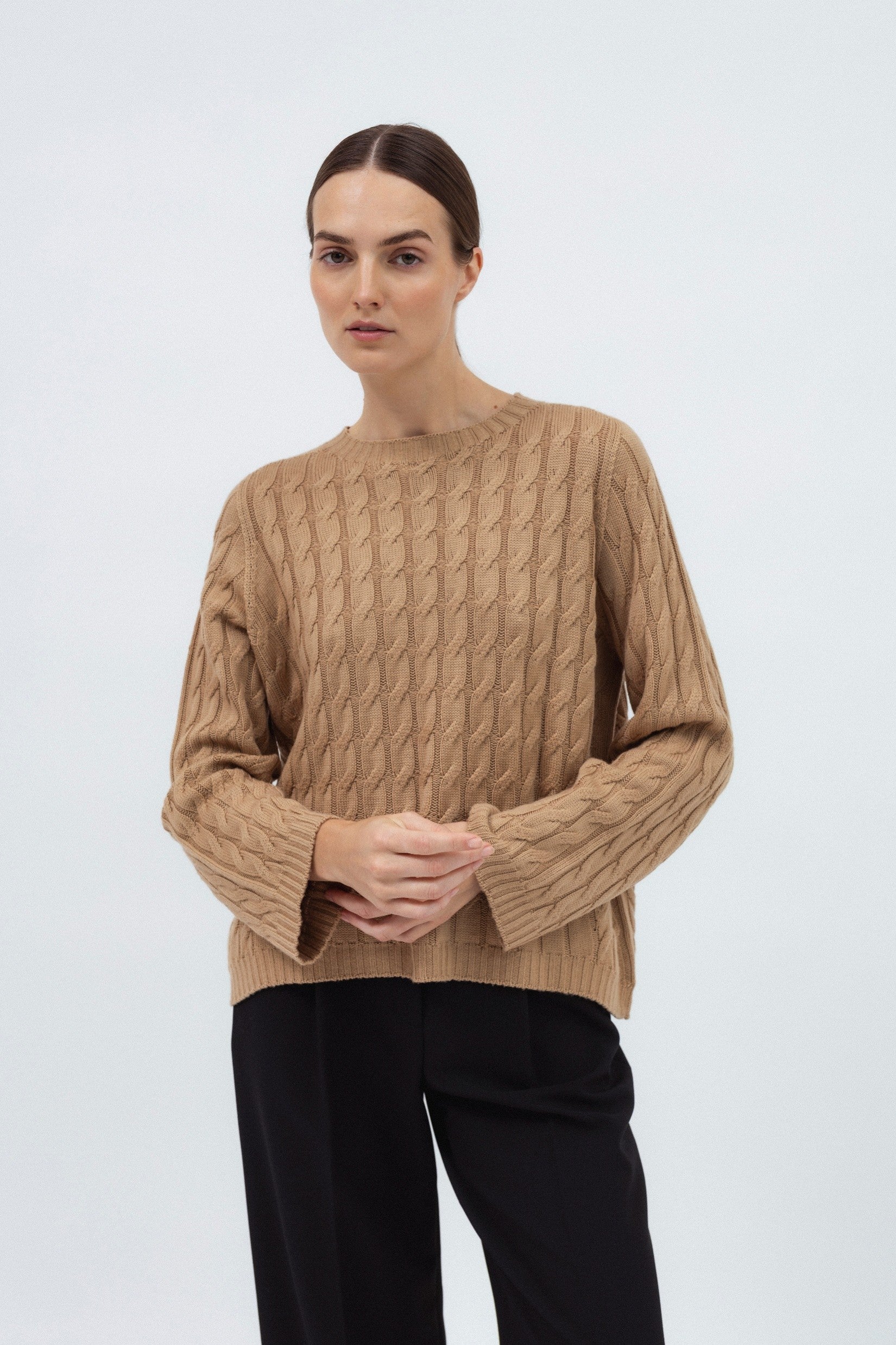 CAMEL MERINO WOOL SWEATER WITH BRAIDS