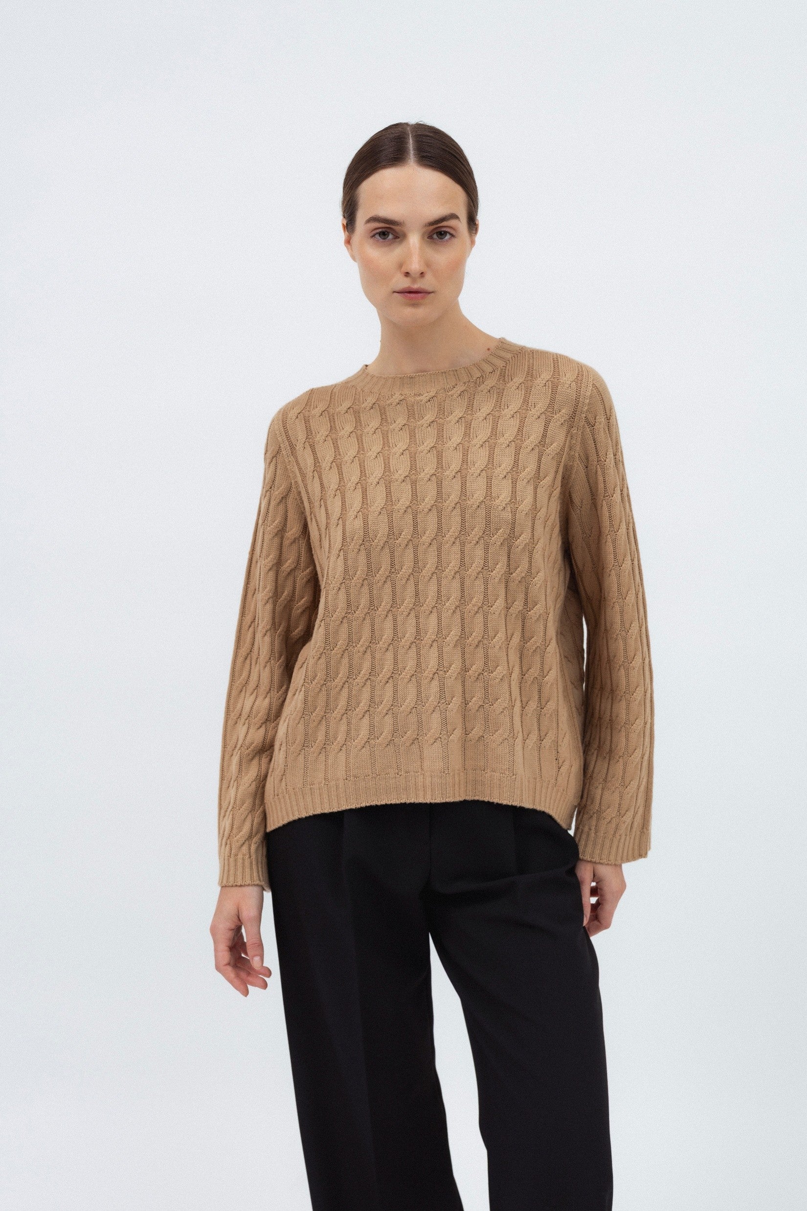 CAMEL MERINO WOOL SWEATER WITH BRAIDS