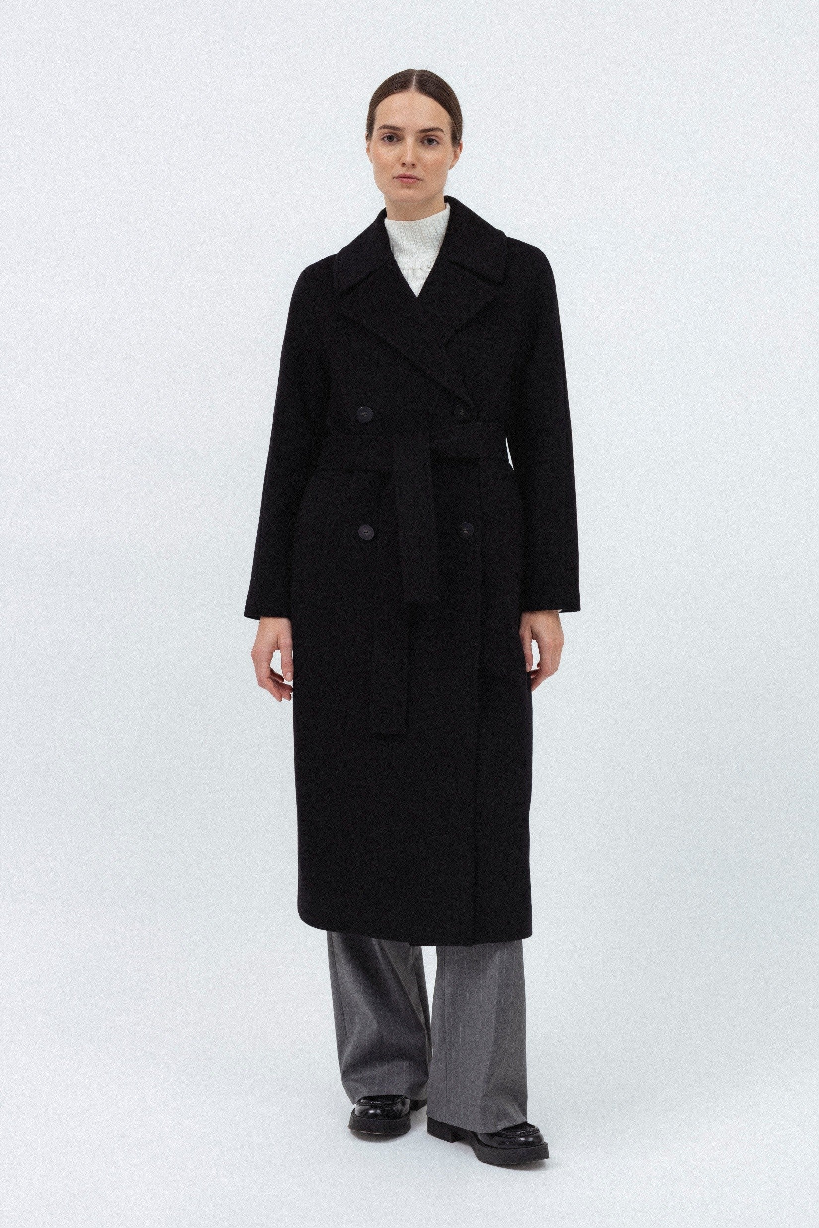 BLACK BELTED WOOL COAT