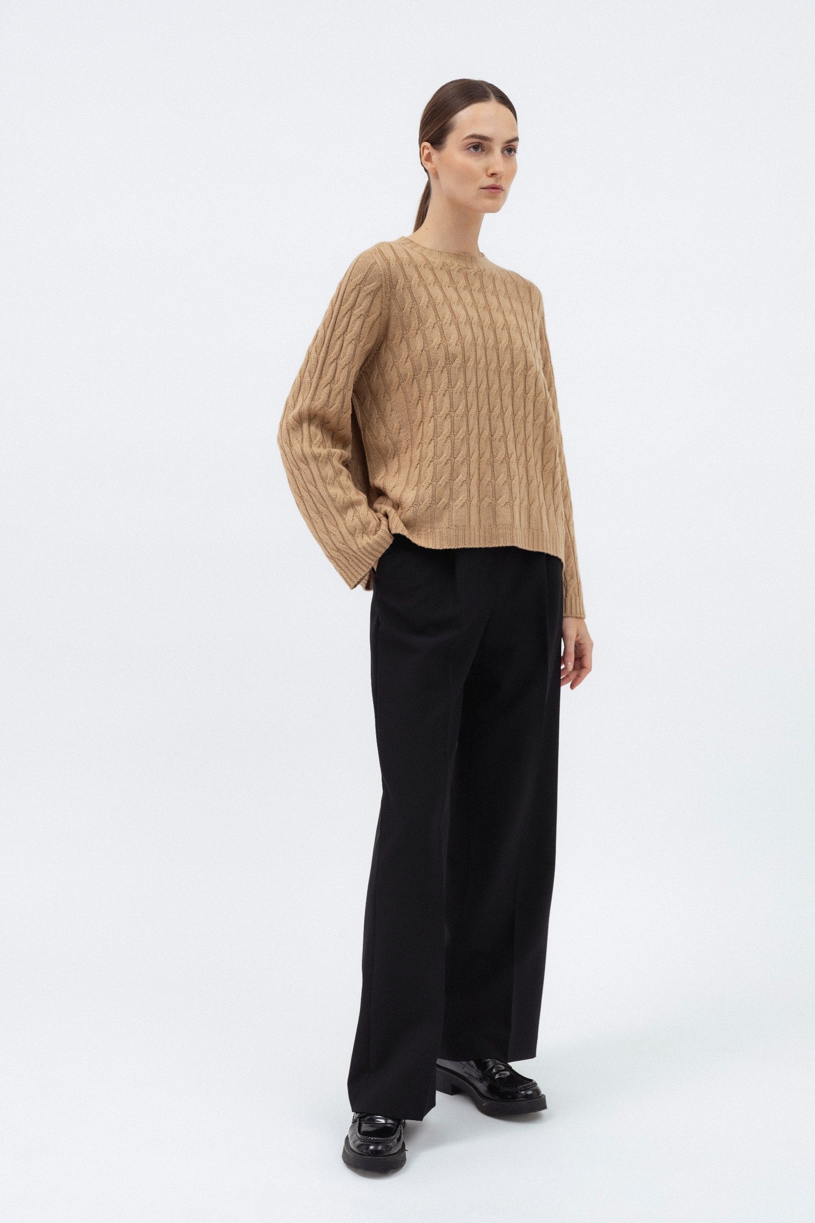 CAMEL MERINO WOOL SWEATER WITH BRAIDS