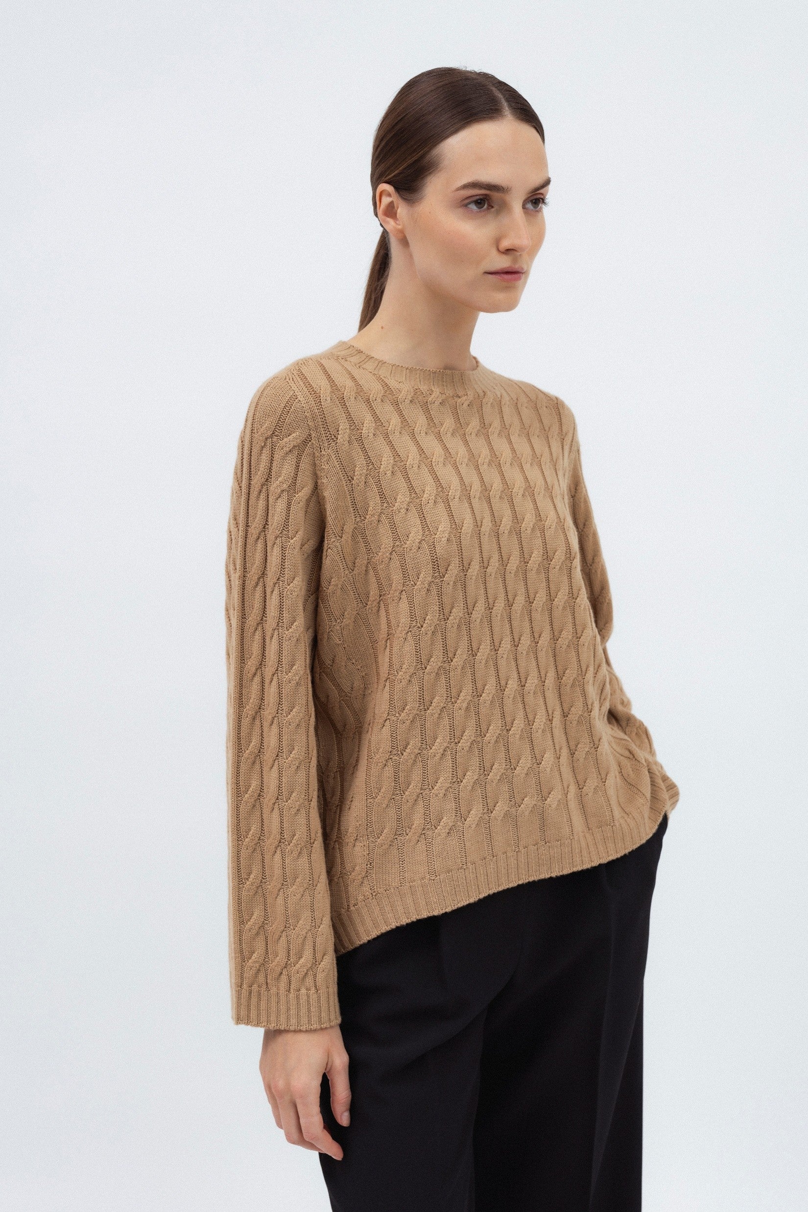 CAMEL MERINO WOOL SWEATER WITH BRAIDS