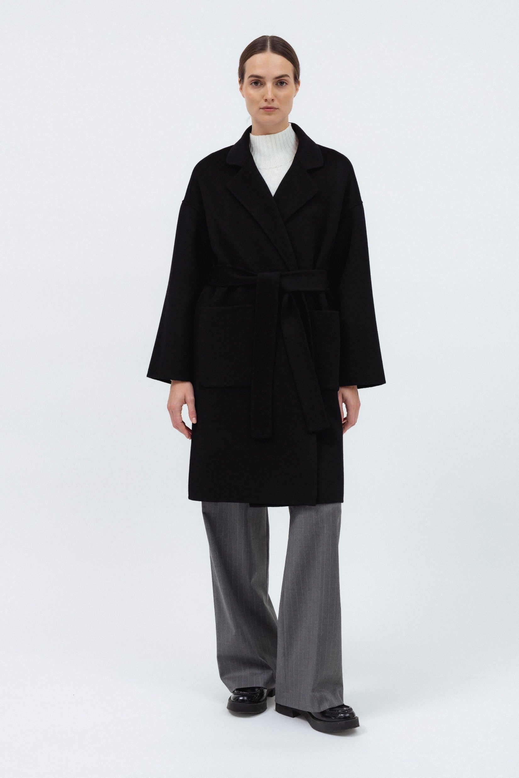 BLACK DOUBLE-FACE WOOL COAT WITH CASHMERE