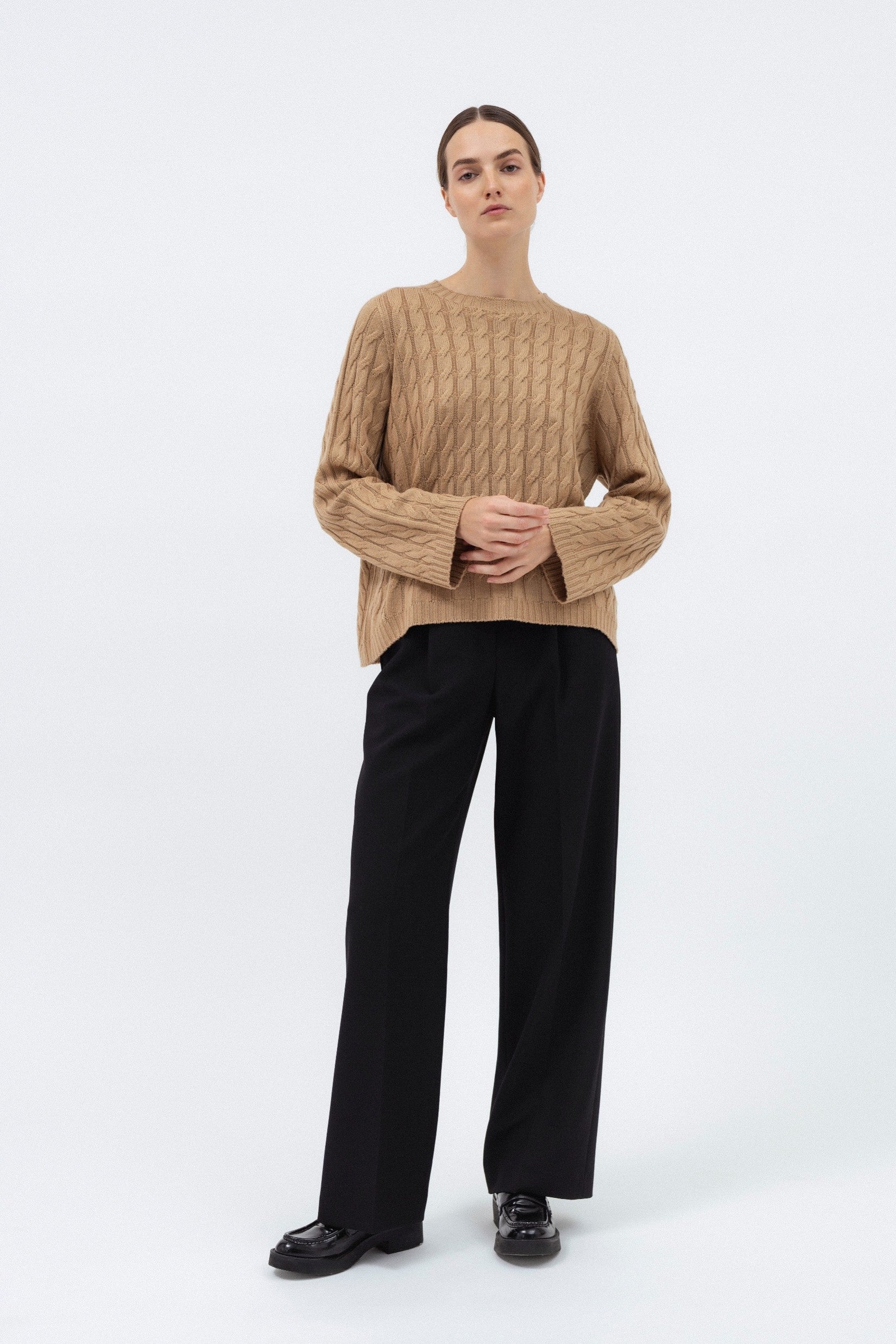 CAMEL MERINO WOOL SWEATER WITH BRAIDS
