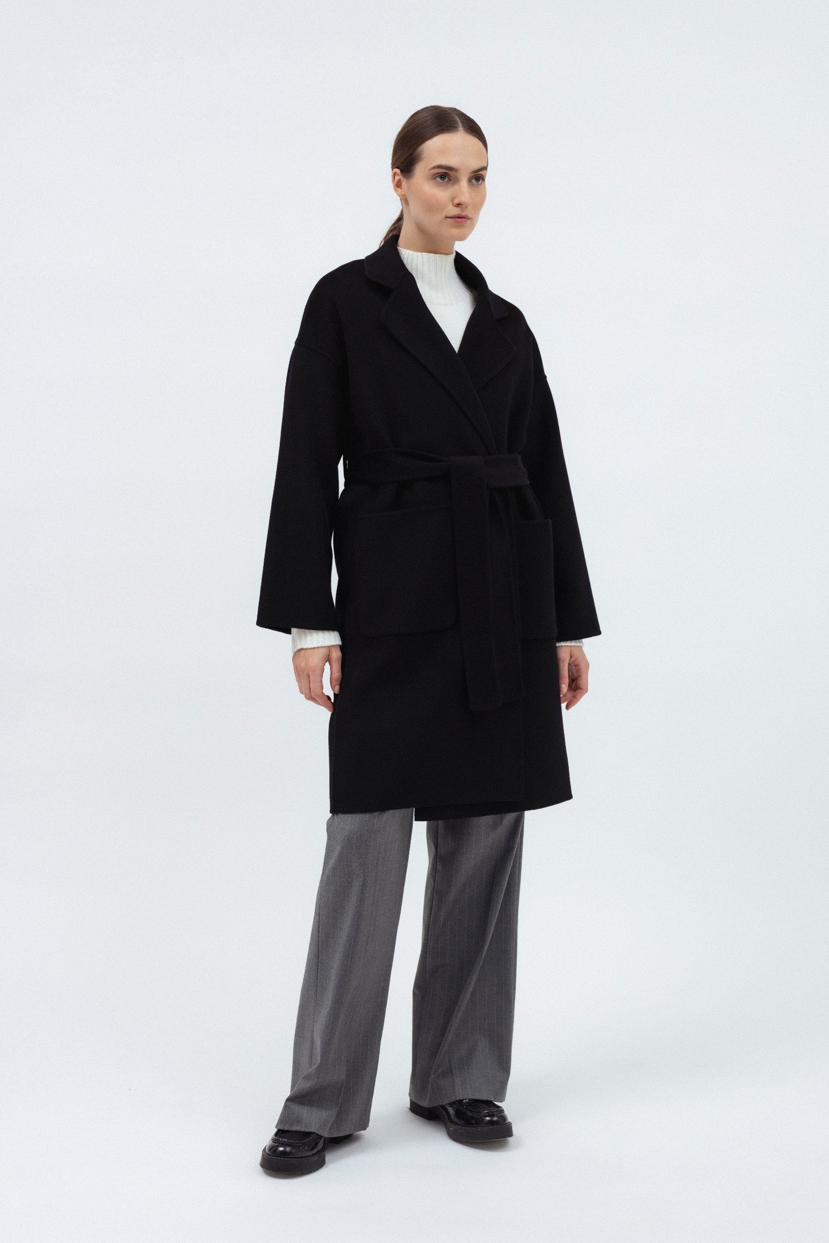 BLACK DOUBLE-FACE WOOL COAT WITH CASHMERE