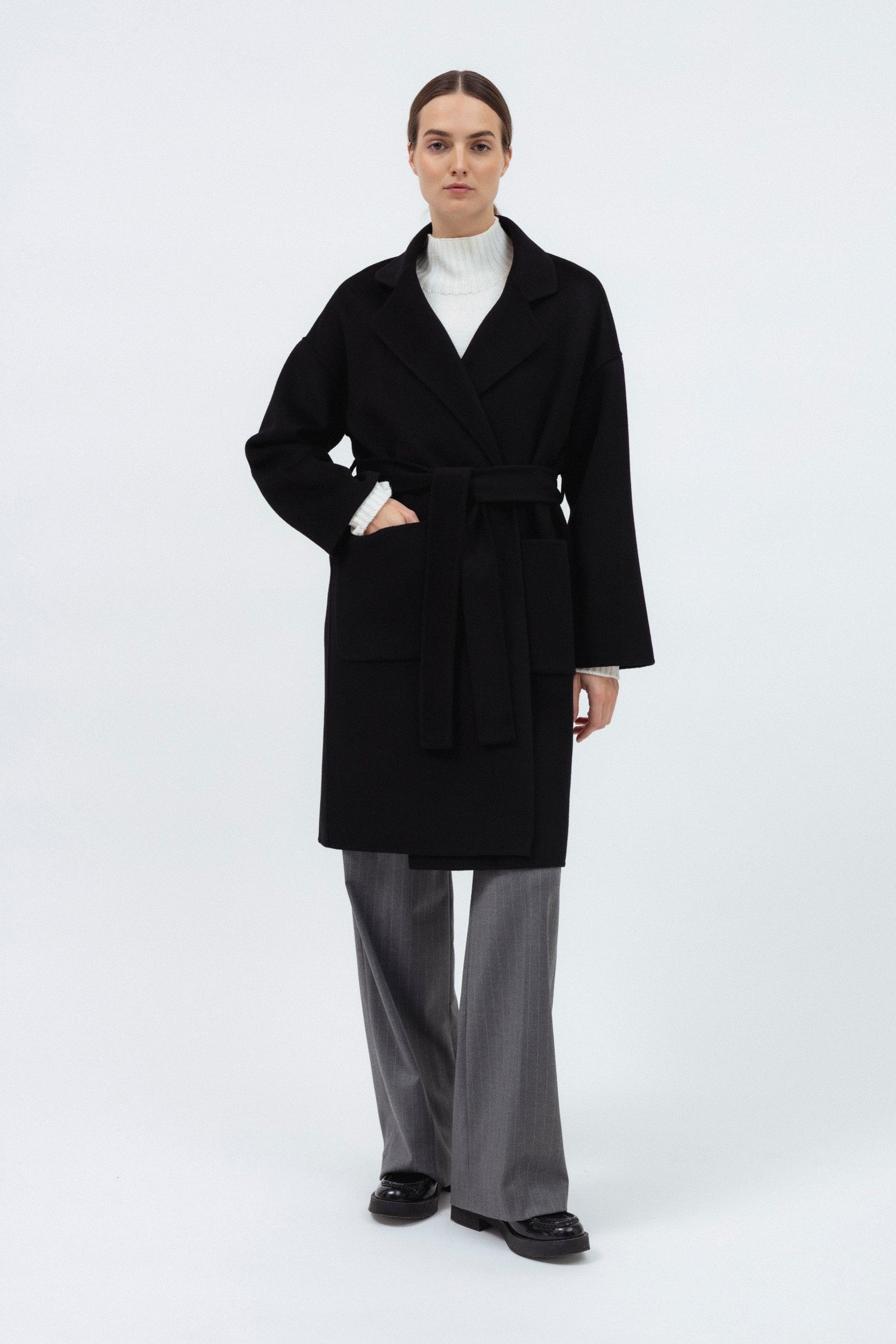 BLACK DOUBLE-FACE WOOL COAT WITH CASHMERE