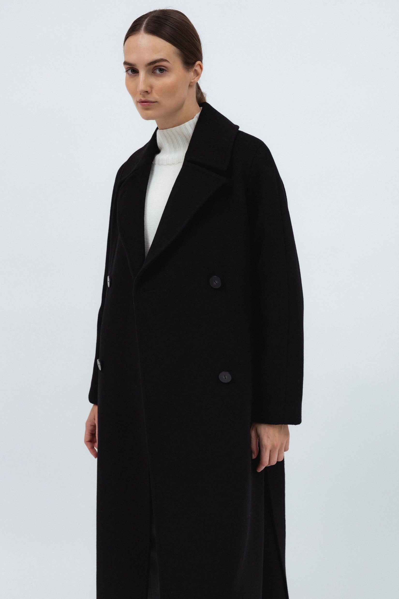 BLACK BELTED WOOL COAT