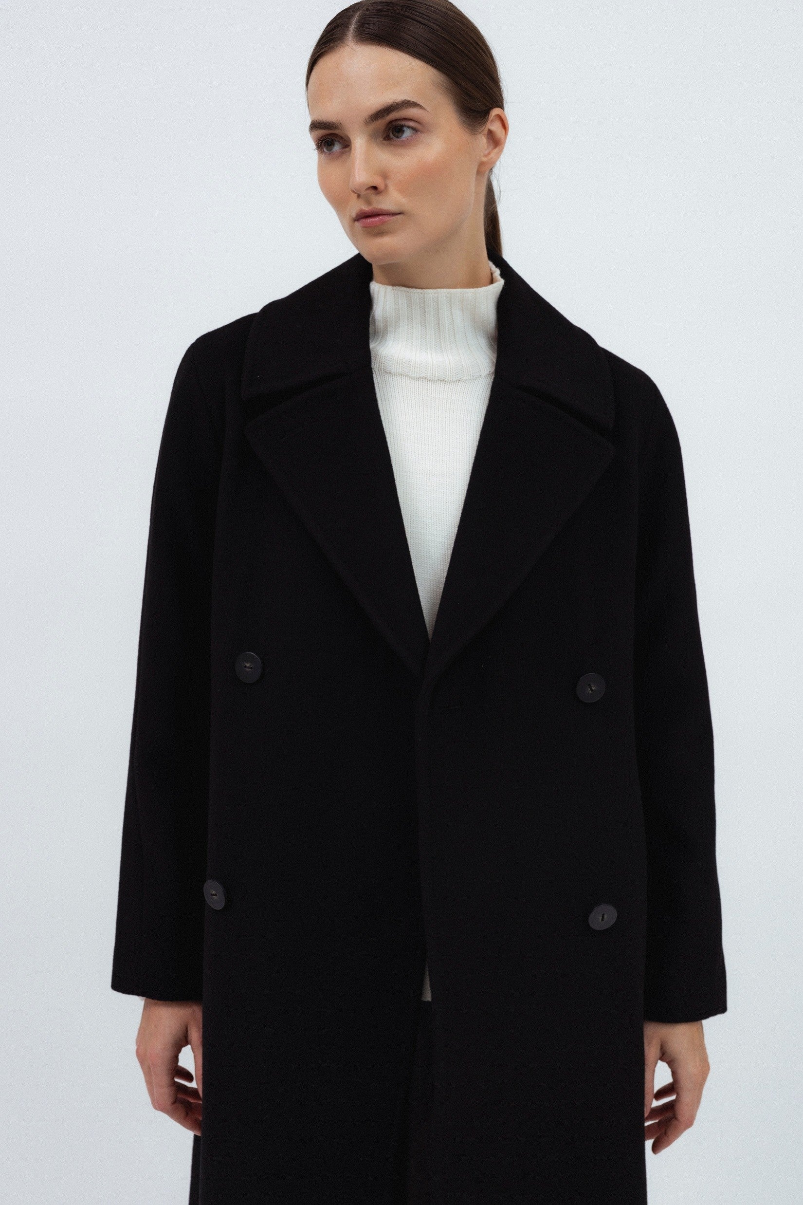 BLACK BELTED WOOL COAT