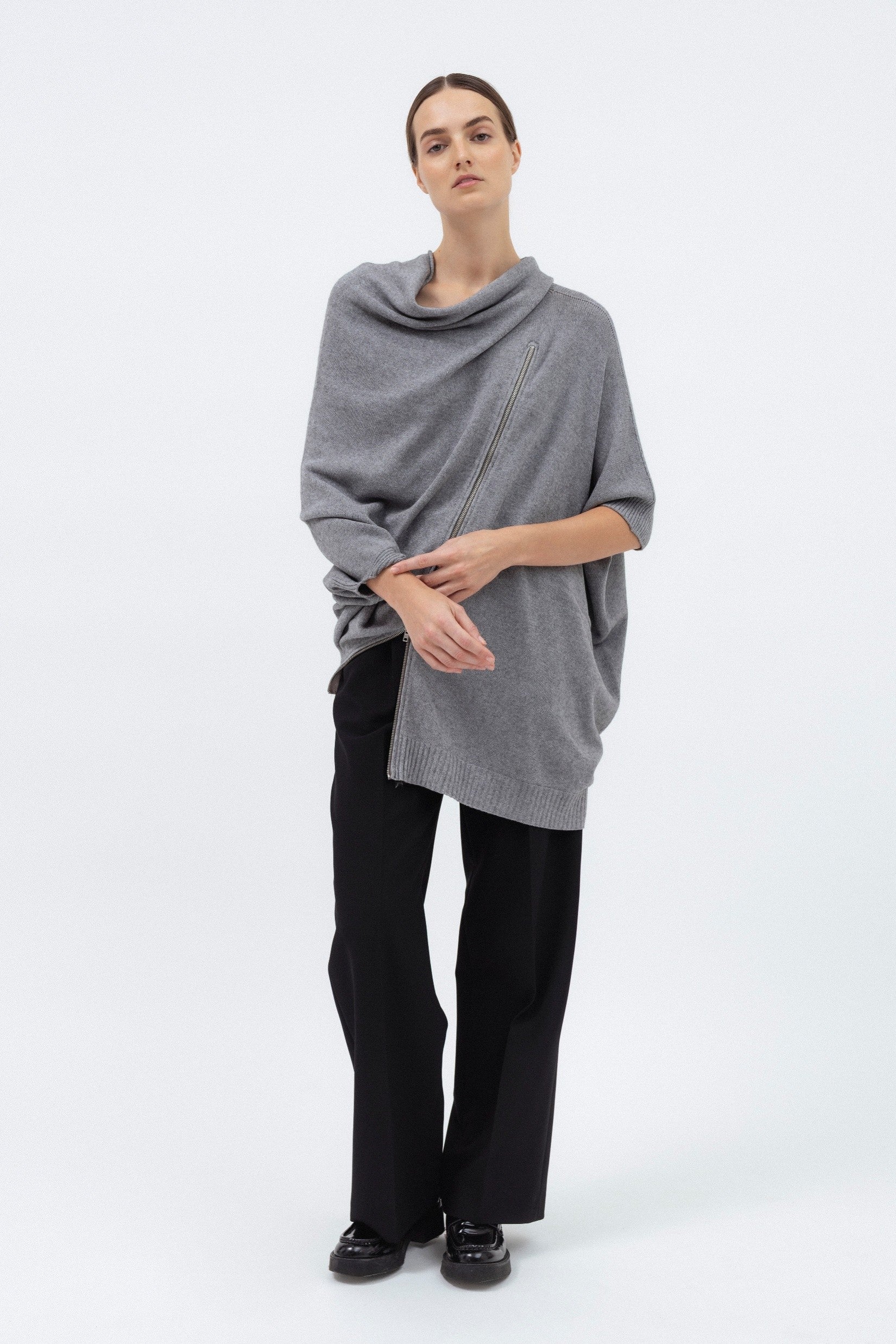 GREY MERINO WOOL SWEATER WITH ZIP DETAIL