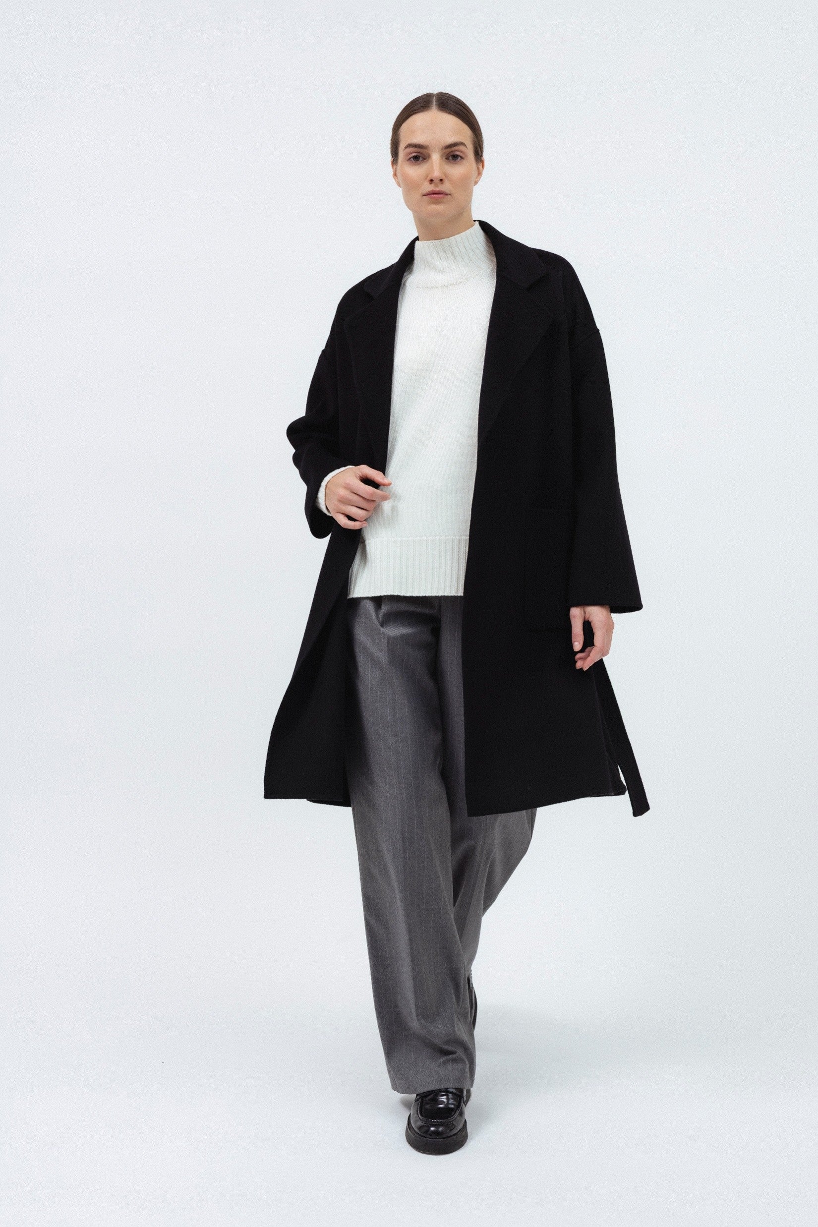 BLACK DOUBLE-FACE WOOL COAT WITH CASHMERE