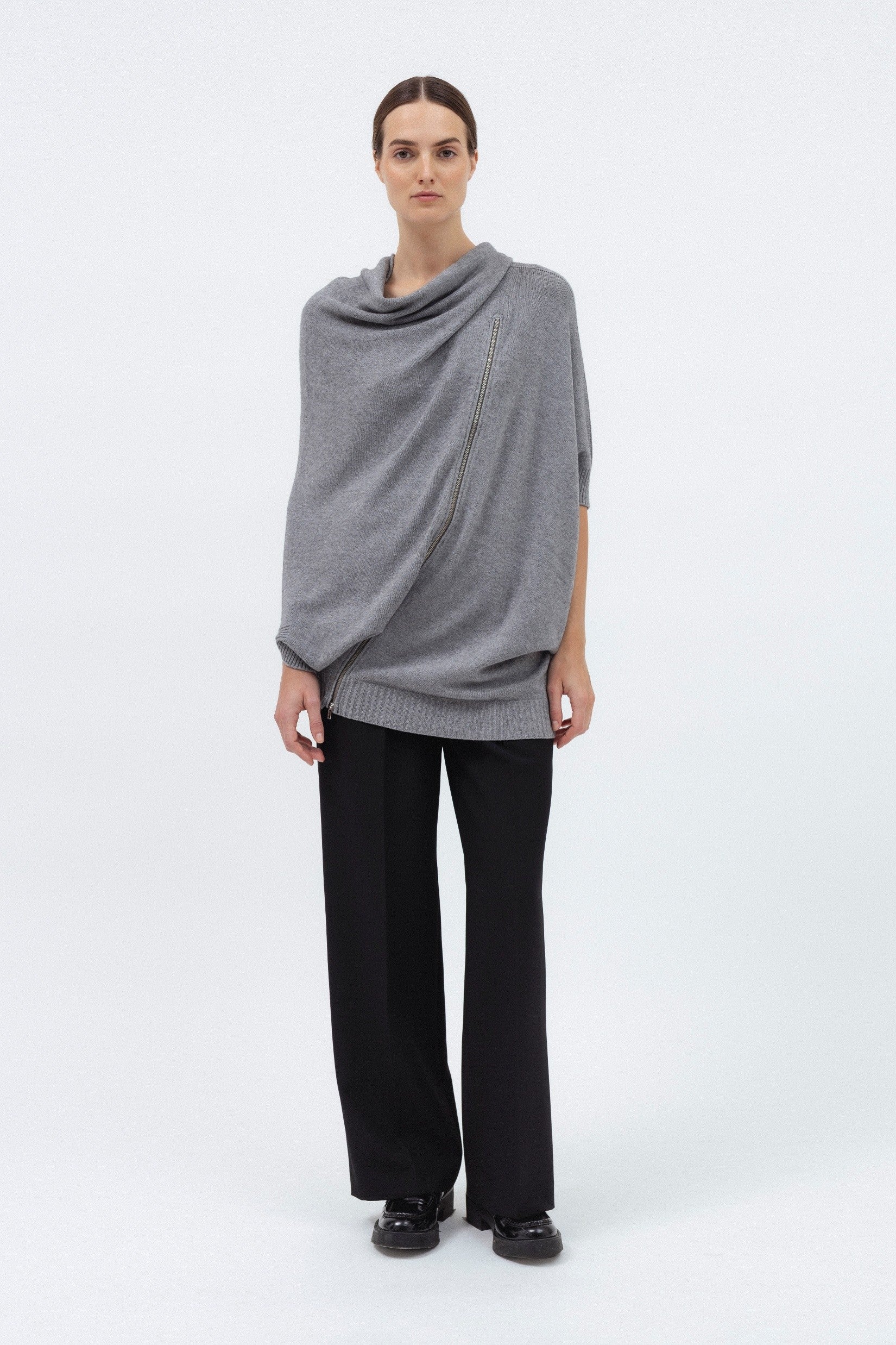 GREY MERINO WOOL SWEATER WITH ZIP DETAIL