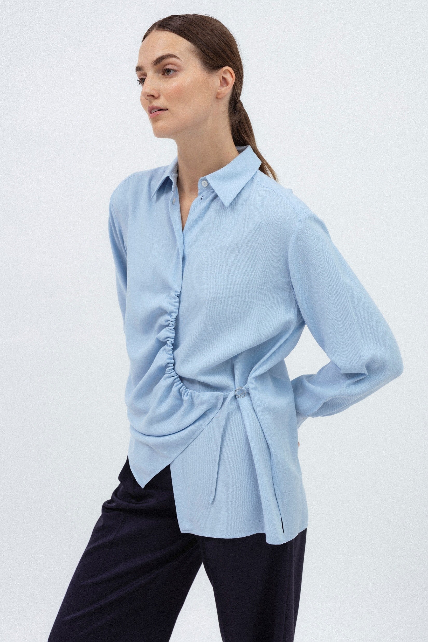 LIGHT BLUE SHIRT WITH SIDE GATHERING