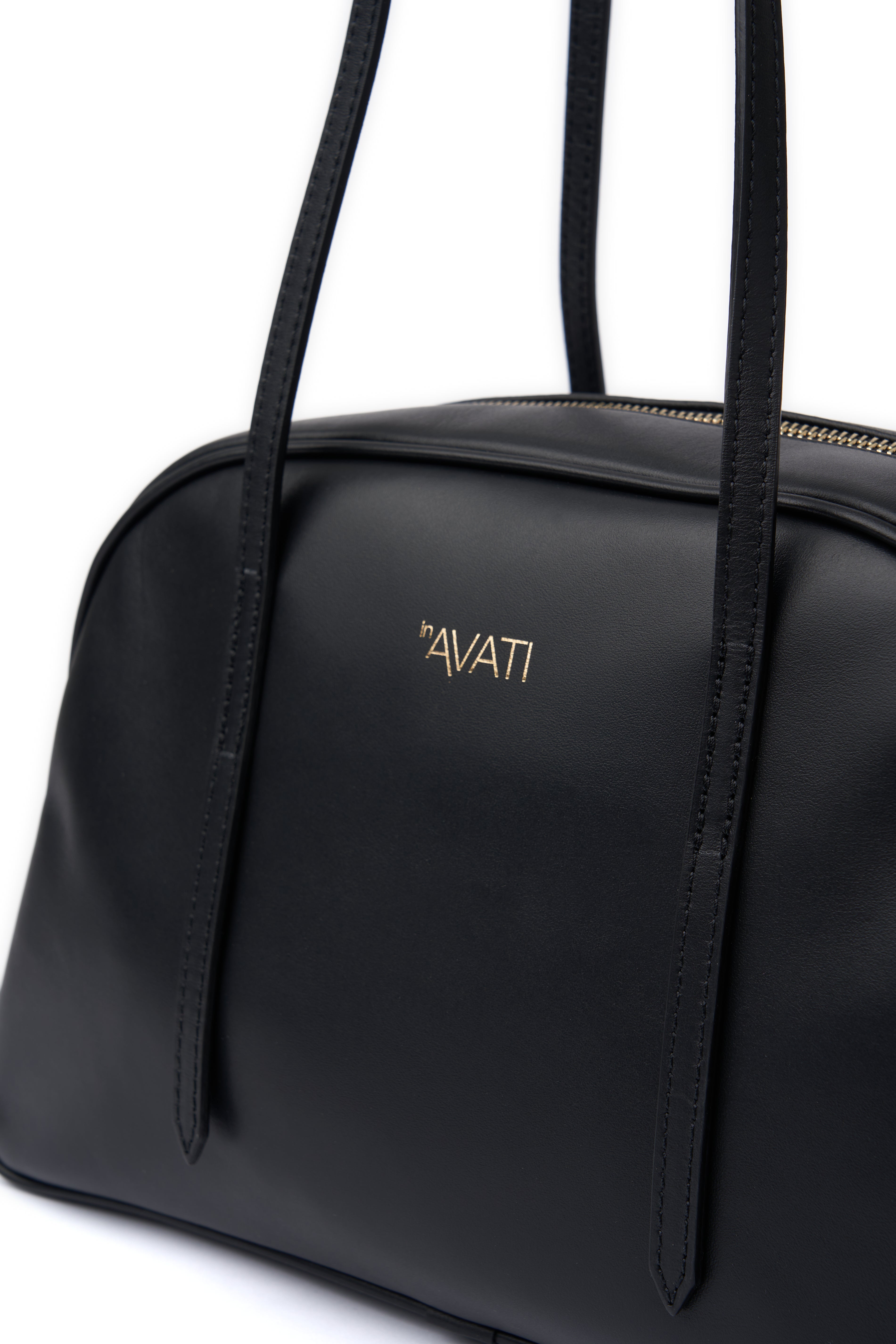 LEATHER BLACK HANDBAG WITH LONG HANDLES