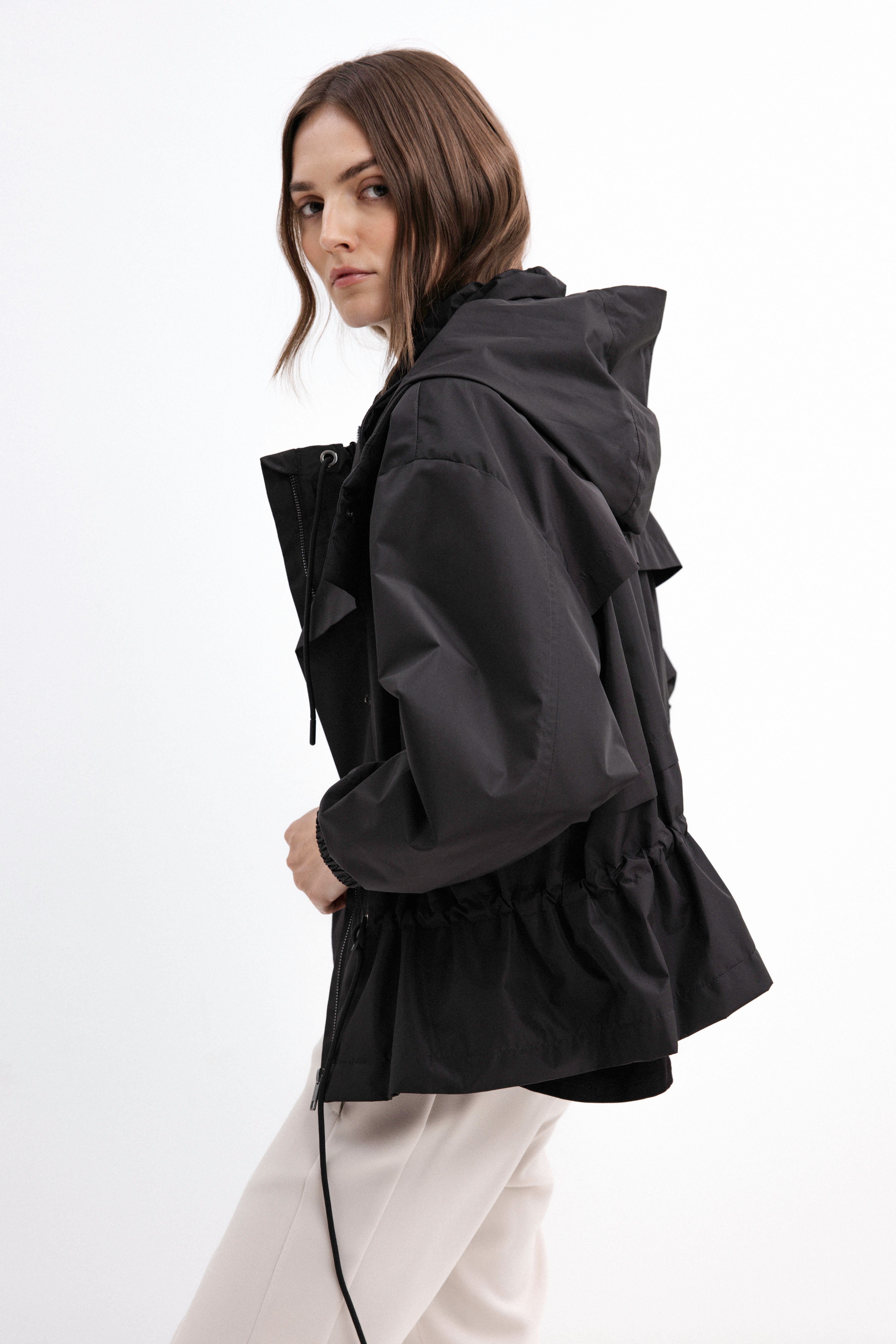 BLACK SHORT RAINCOAT WITH HOOD