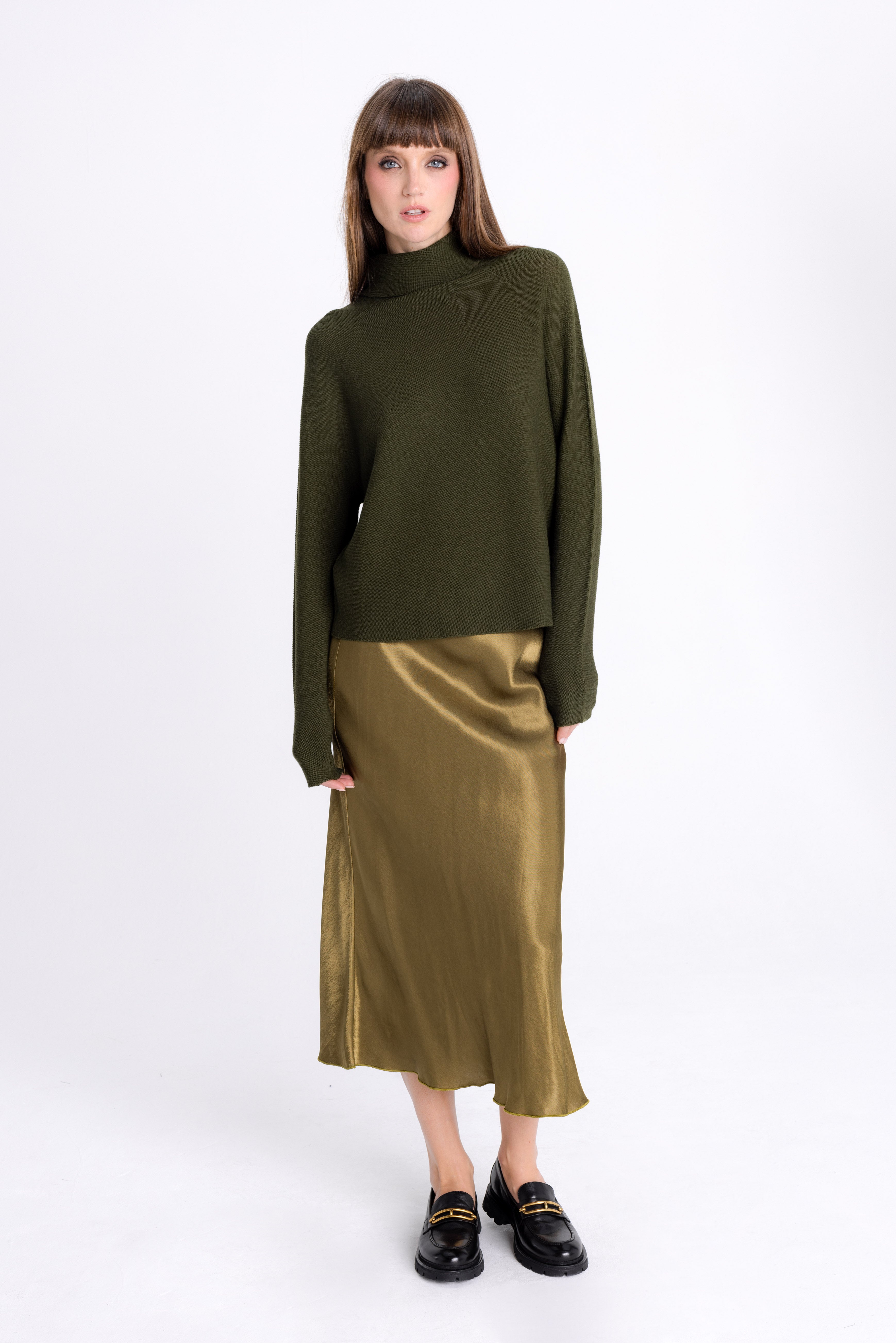 FLARED MIDI OLIVE SKIRT