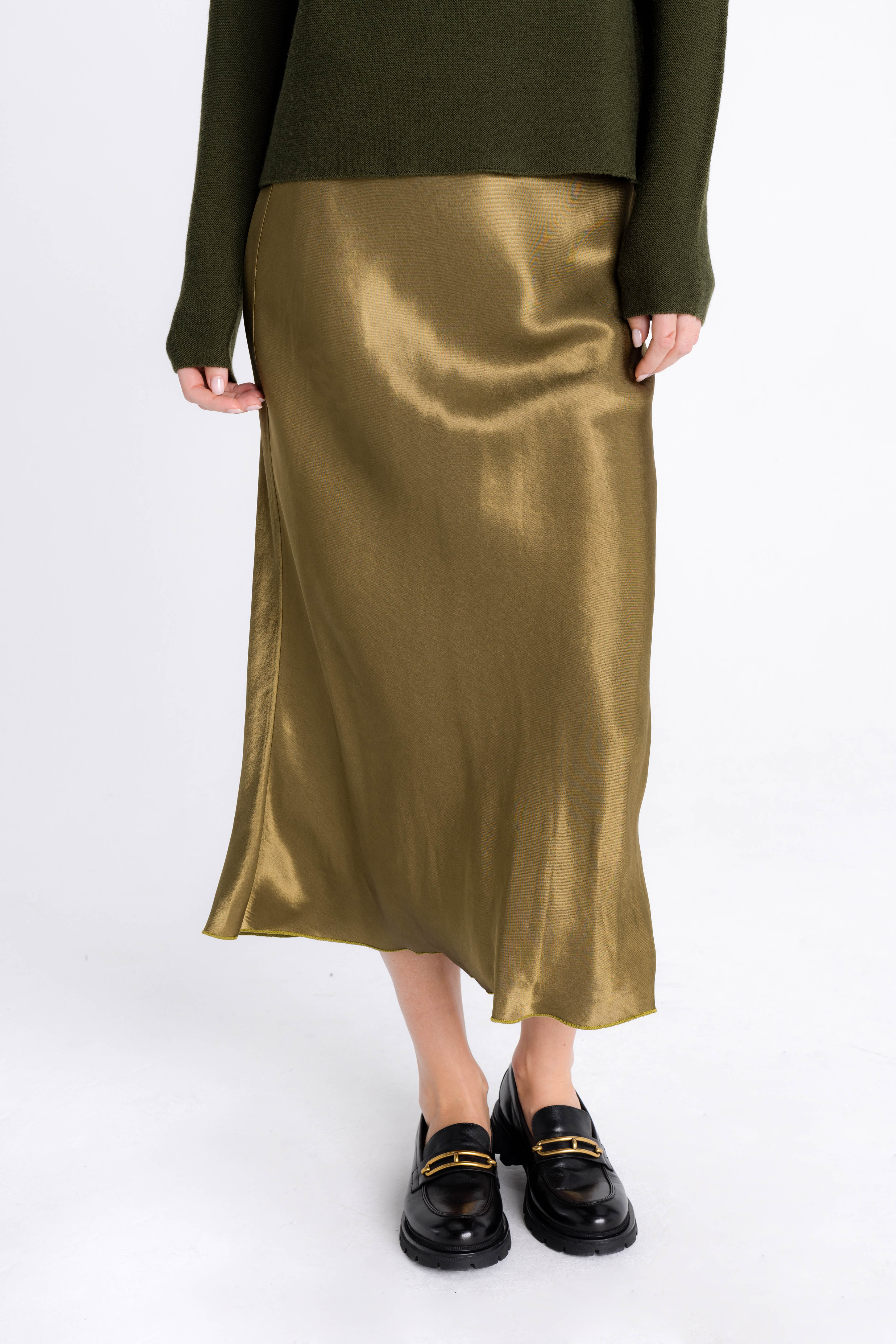 FLARED MIDI OLIVE SKIRT