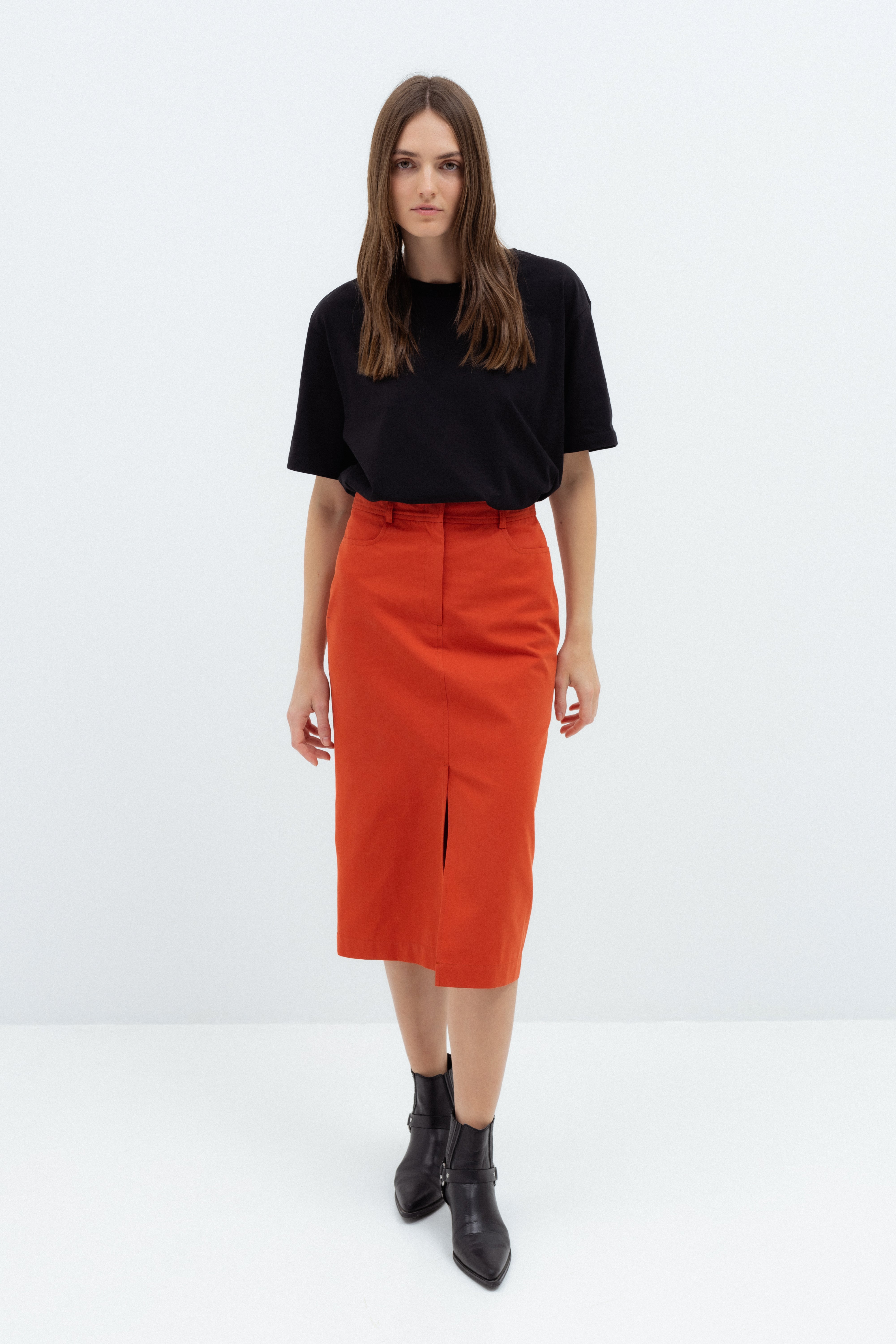 DENIM MIDI SKIRT IN ORANGE SHADE