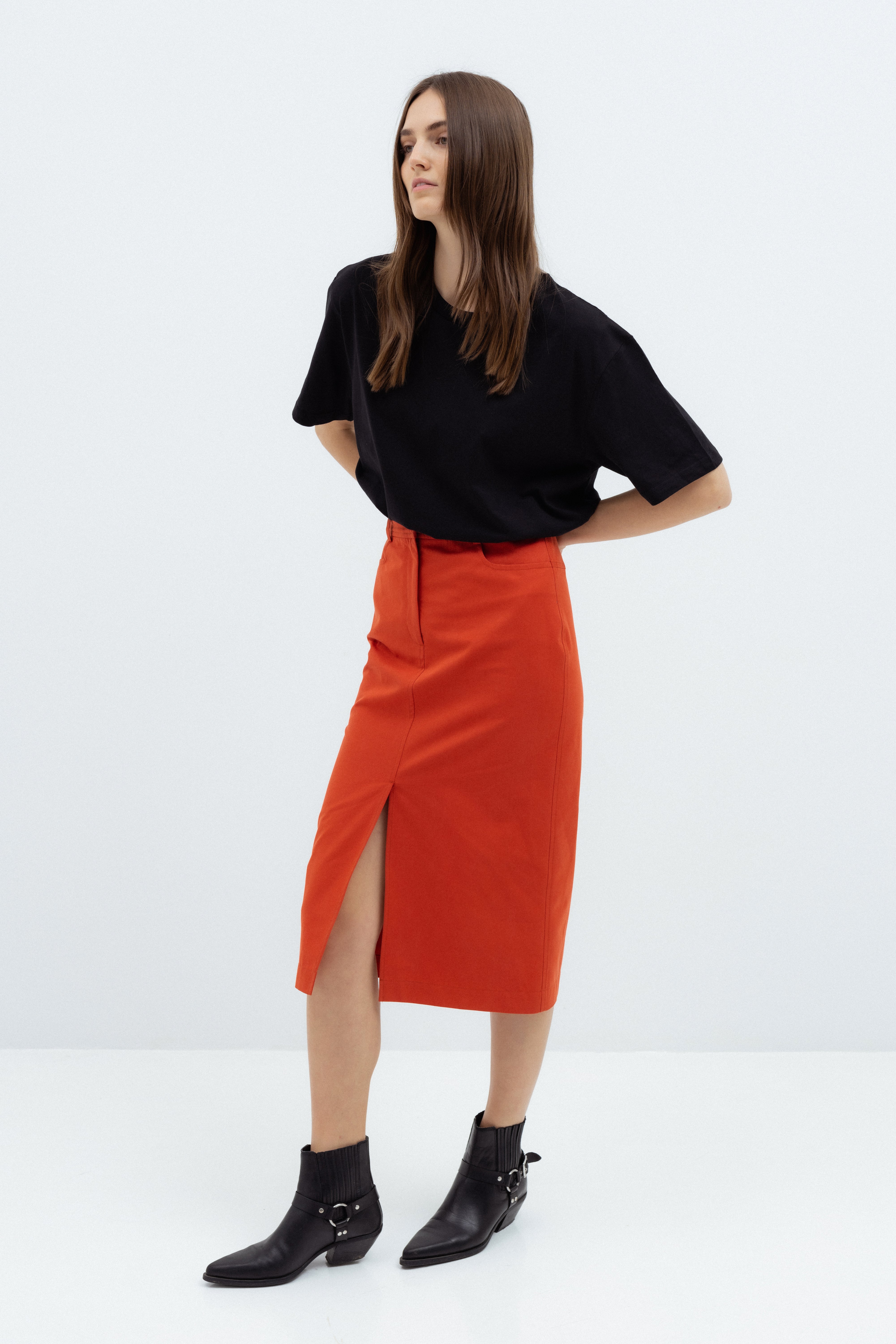 DENIM MIDI SKIRT IN ORANGE SHADE