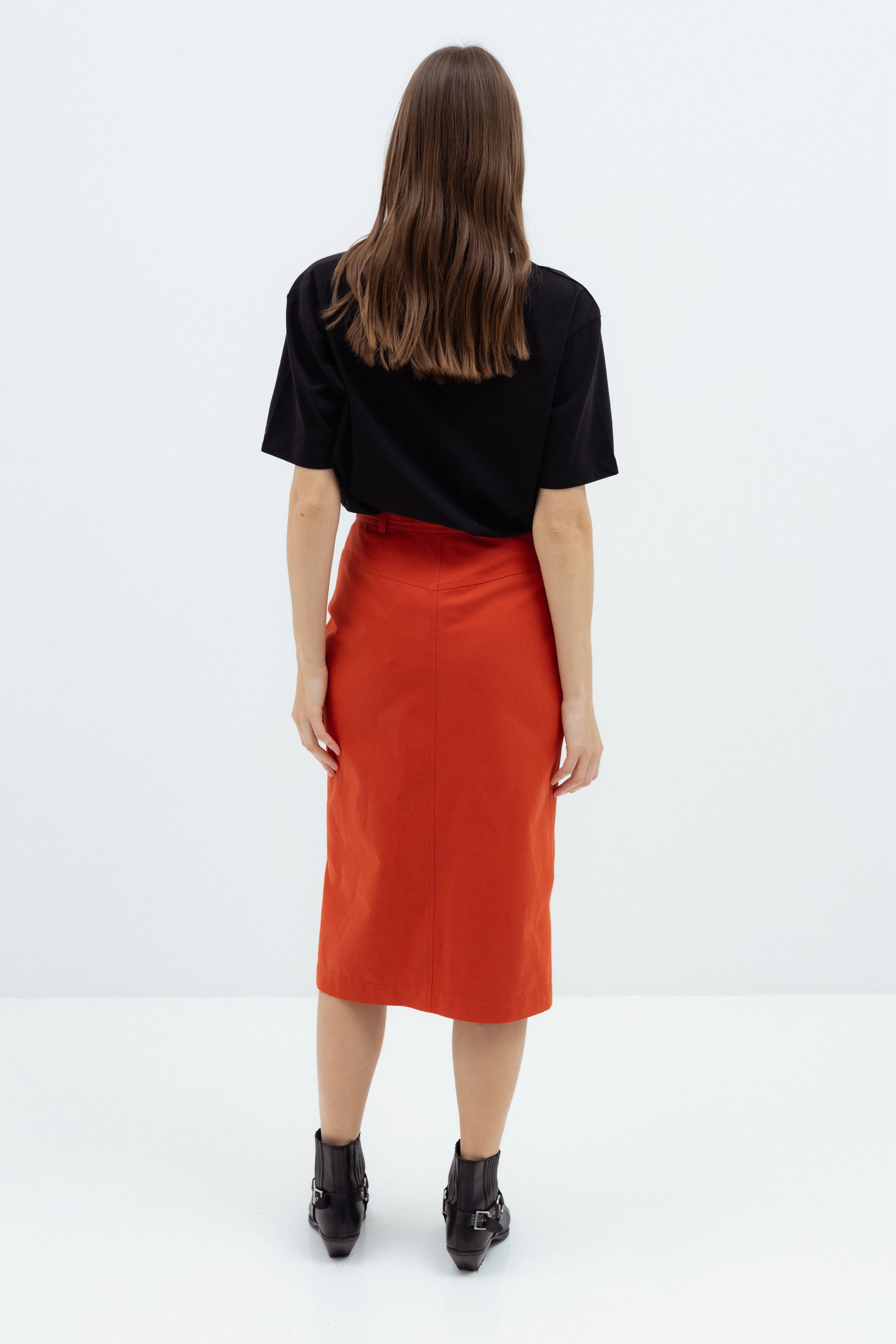DENIM MIDI SKIRT IN ORANGE SHADE