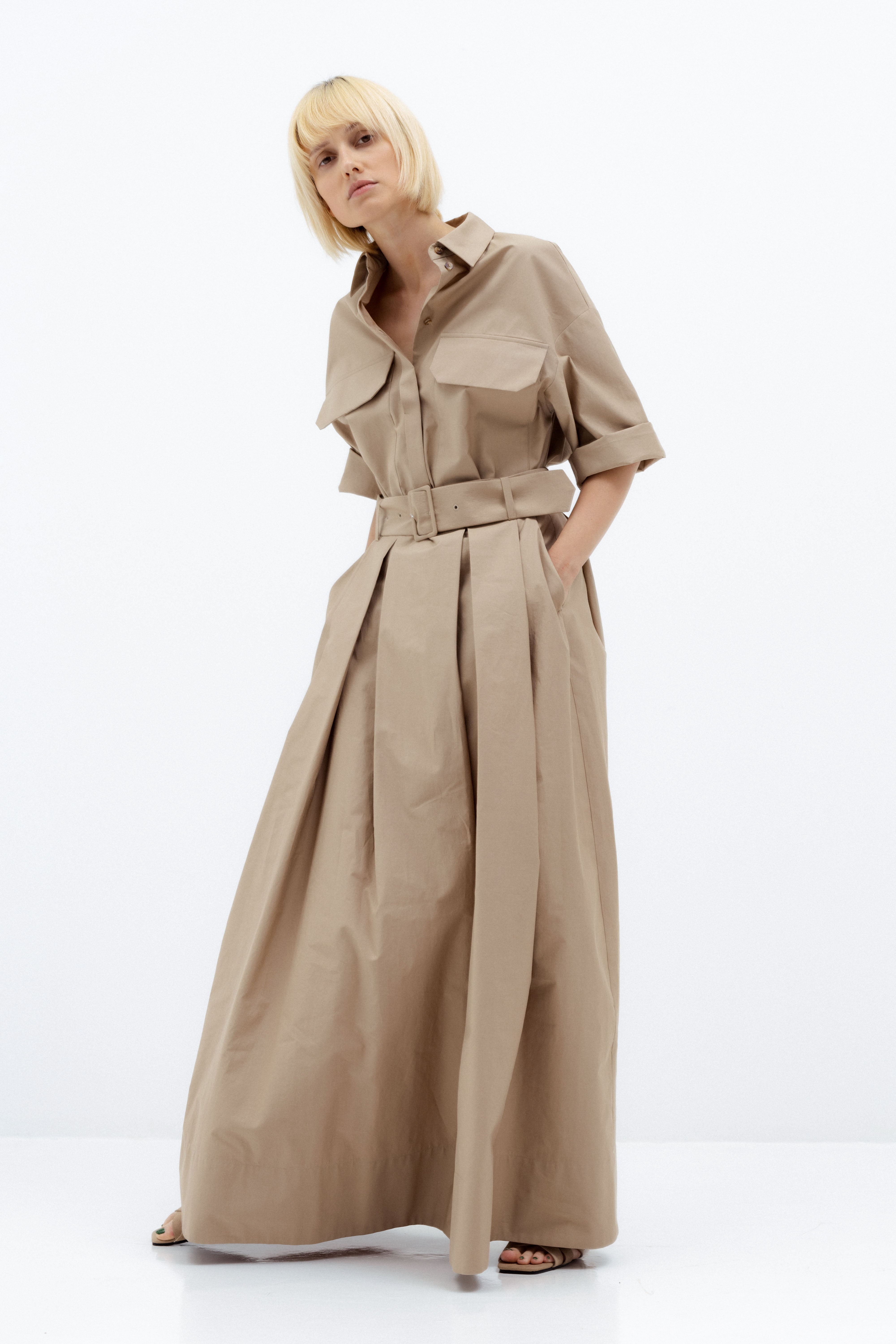 SAND-COLORED MAXI SKIRT WITH PLEATS