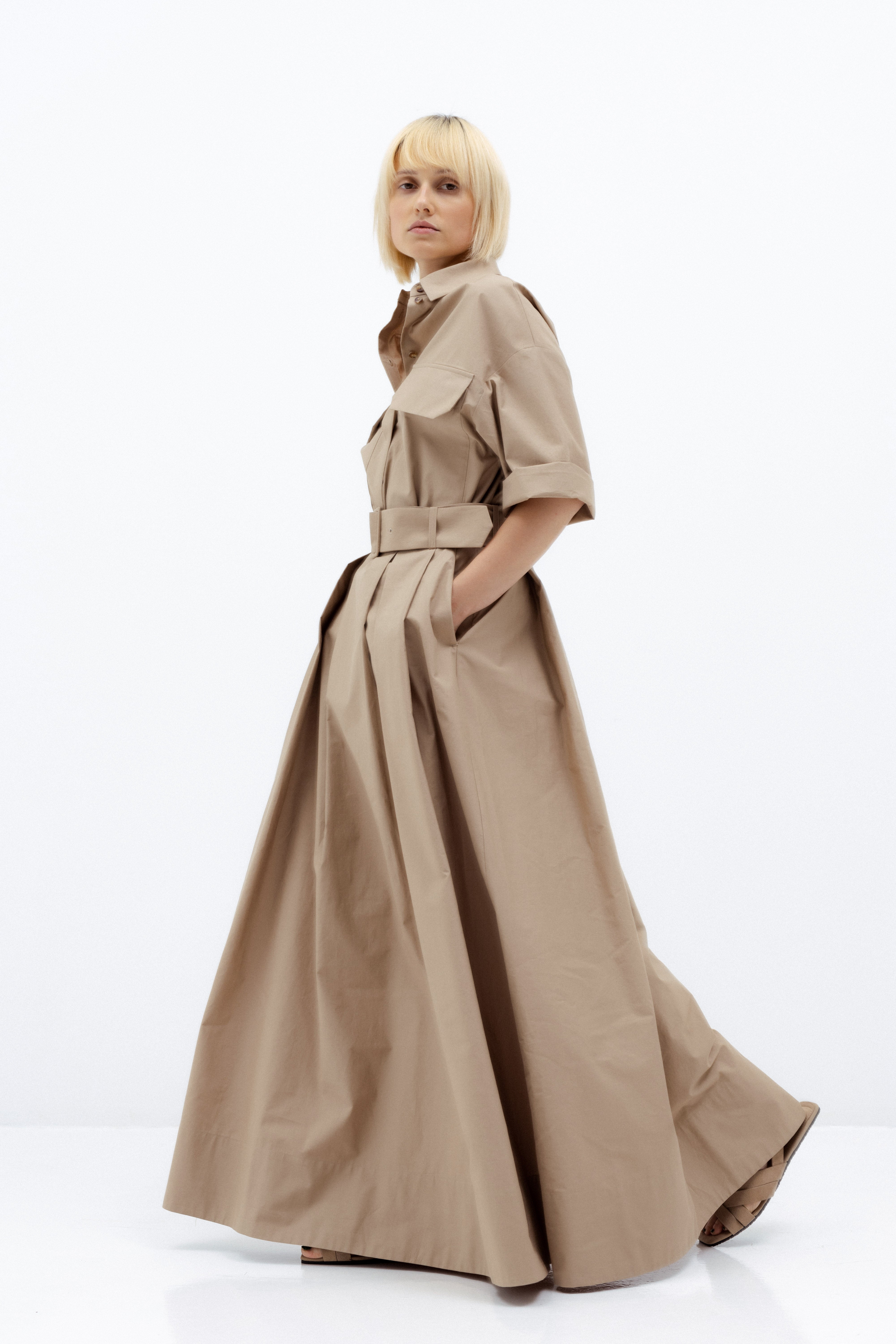 SAND-COLORED MAXI SKIRT WITH PLEATS