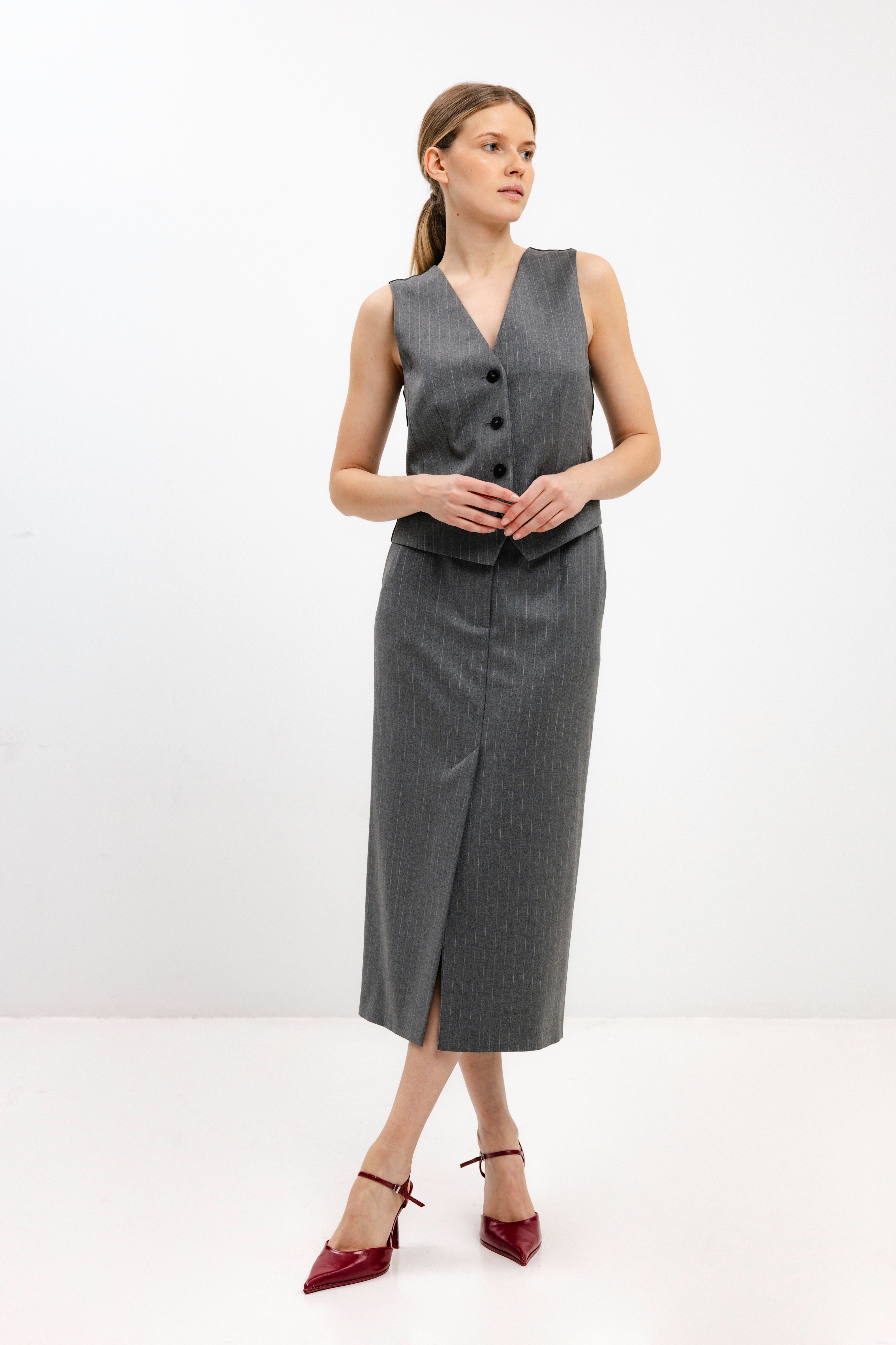 GREY STRIPED STRAIGHT-CUT MIDI SKIRT – InAvati