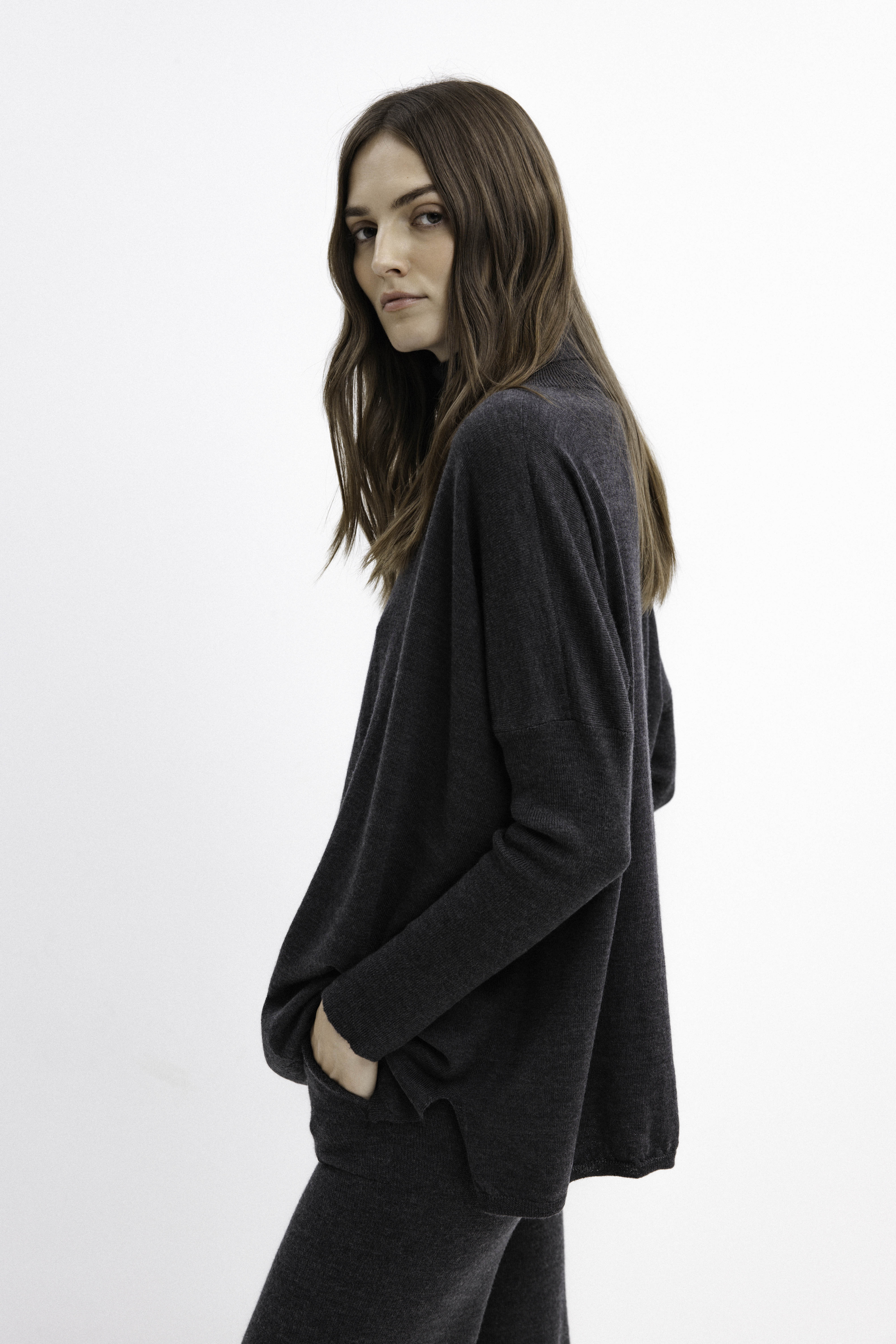 HIGH NECK MERINO WOOL DARK GREY SWEATER