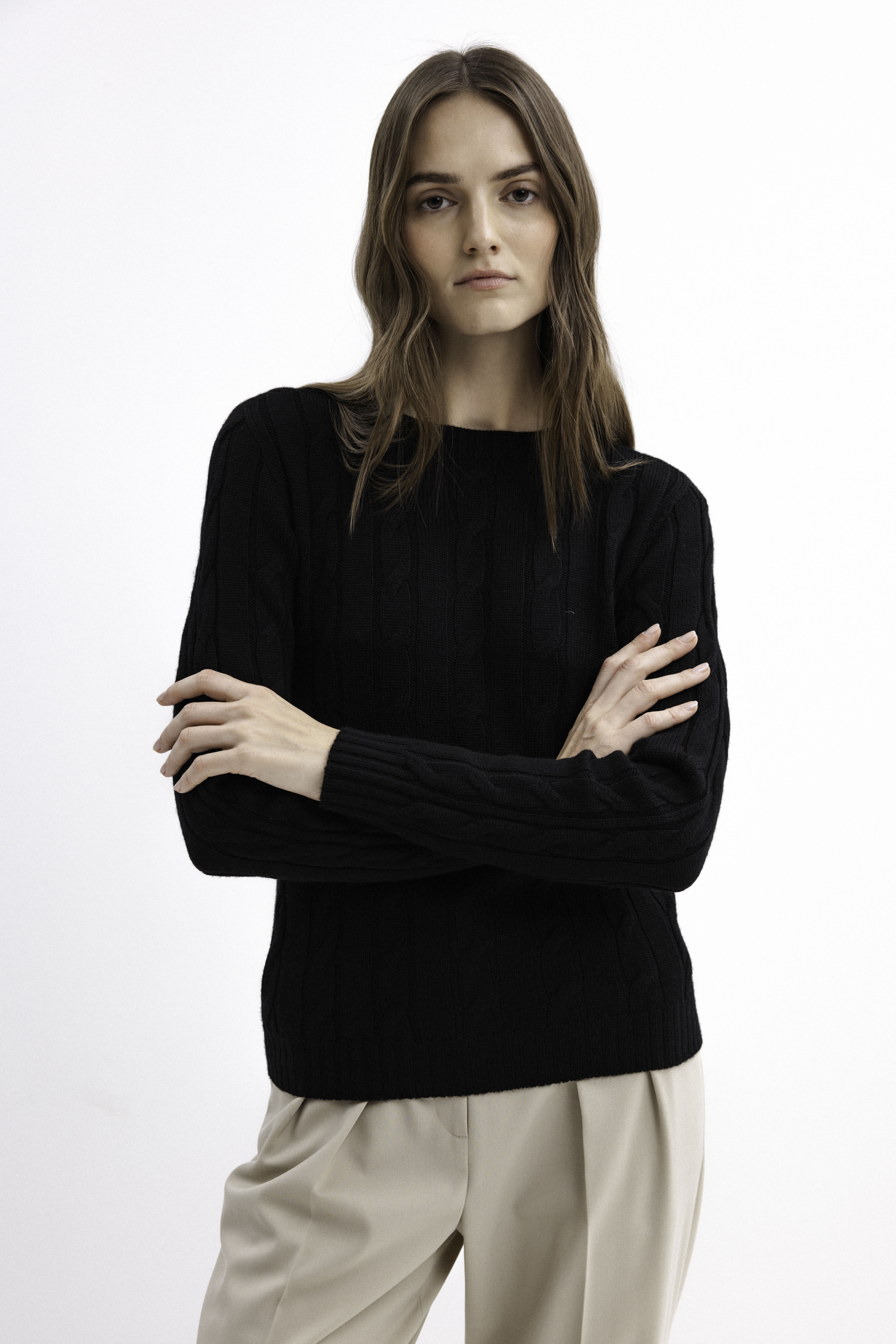 BLACK BRAIDED MERINO WOOL SWEATER