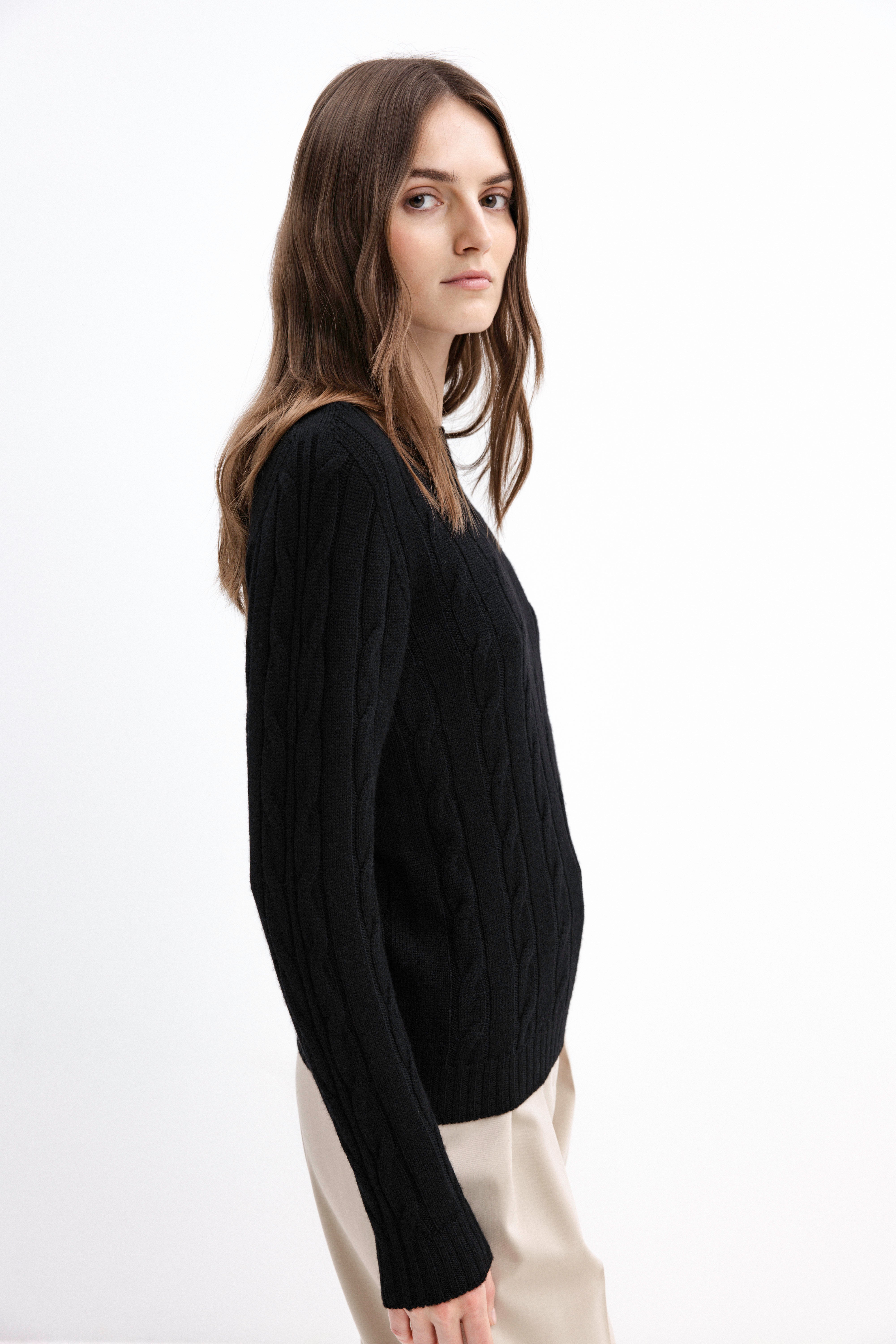 BLACK BRAIDED MERINO WOOL SWEATER