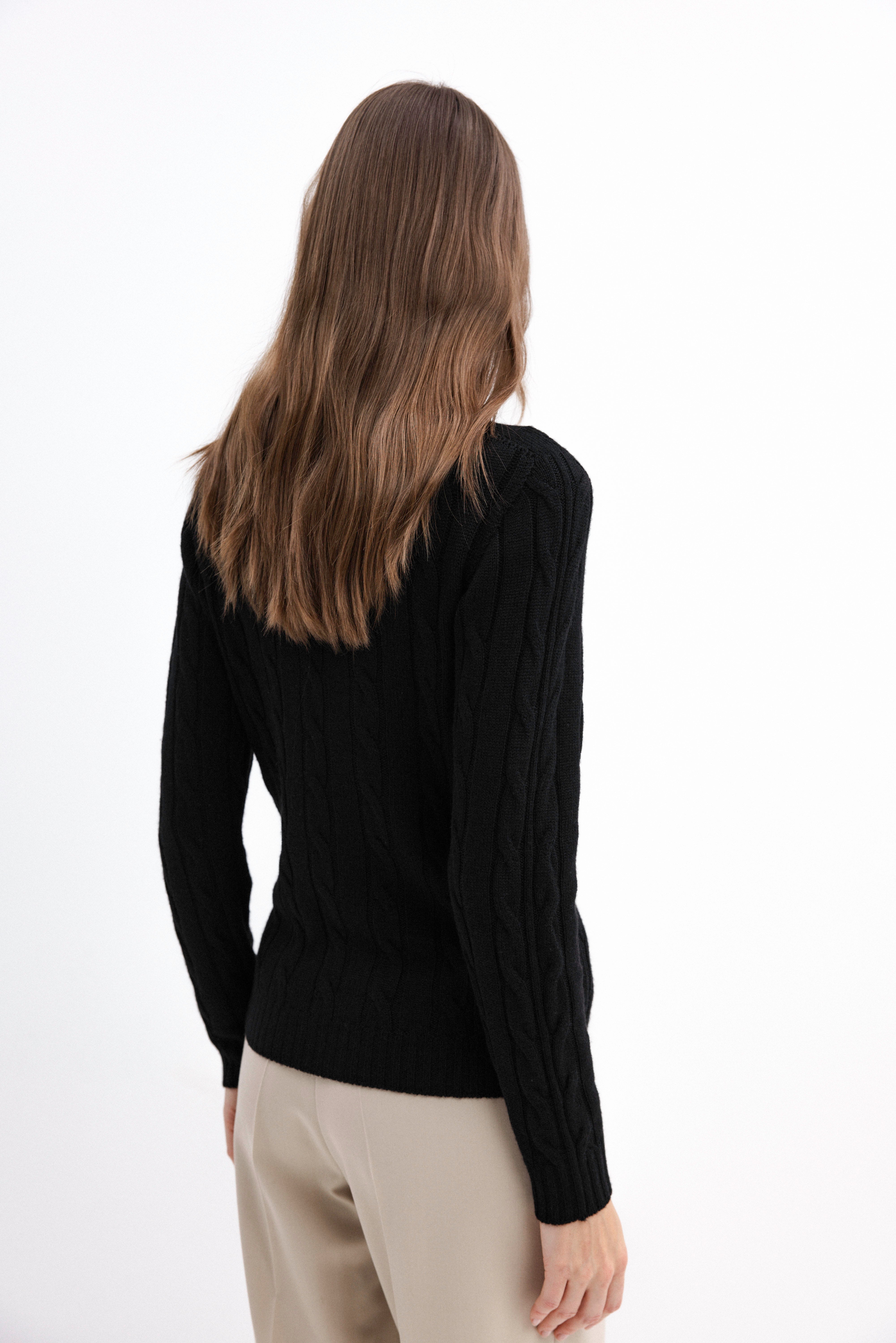 BLACK BRAIDED MERINO WOOL SWEATER
