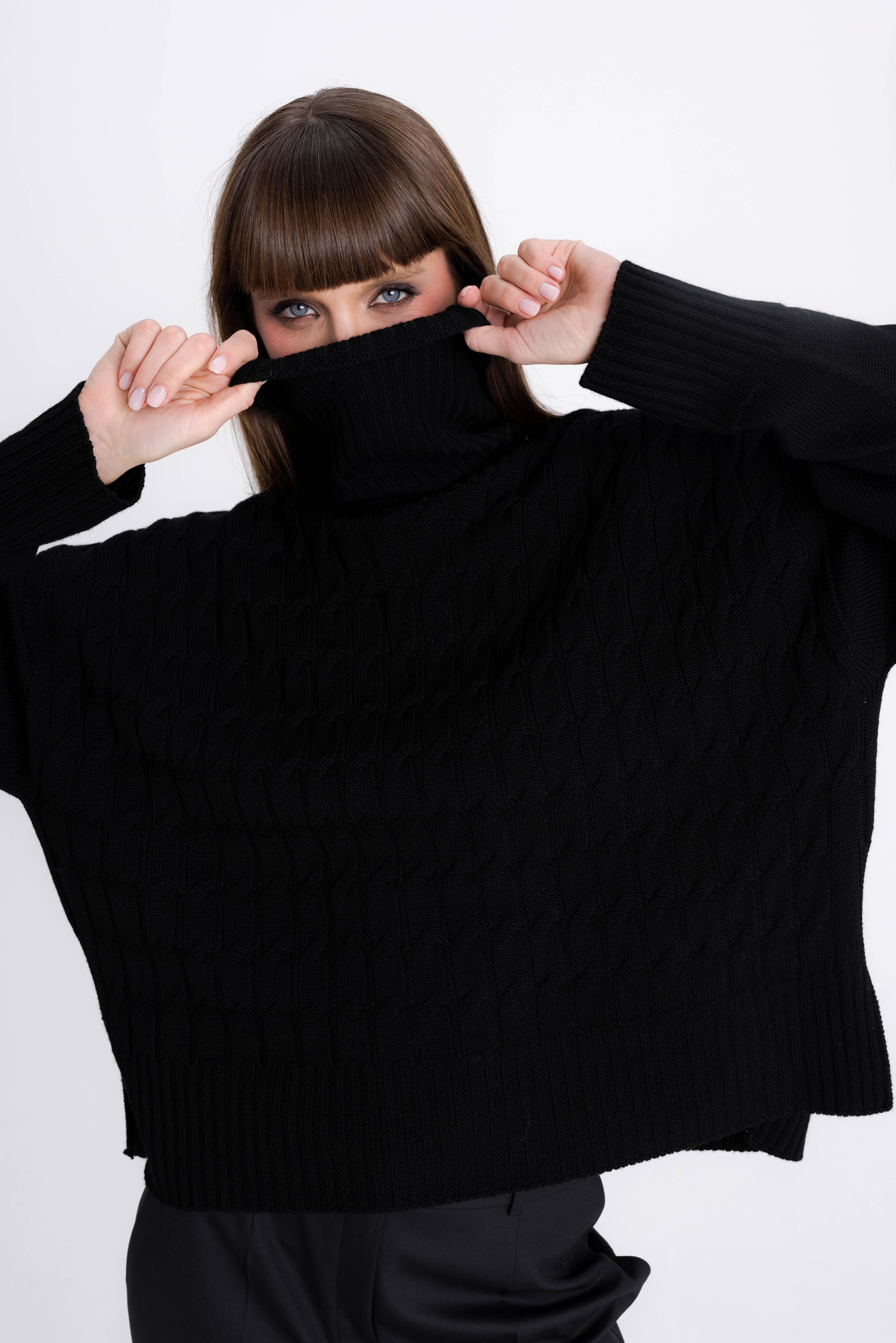 BLACK HIGH-NECK MERINO WOOL SWEATER