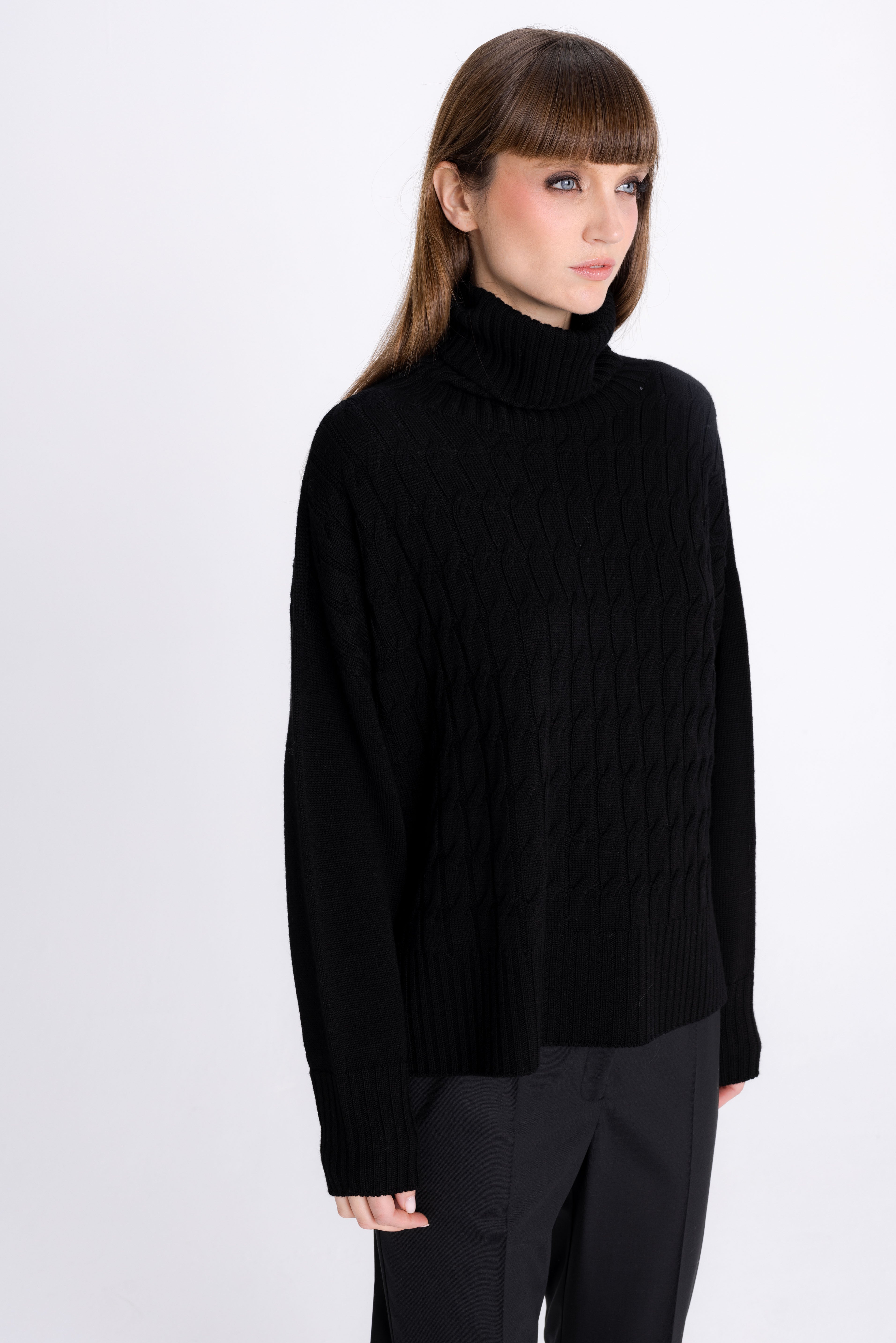 BLACK HIGH-NECK MERINO WOOL SWEATER