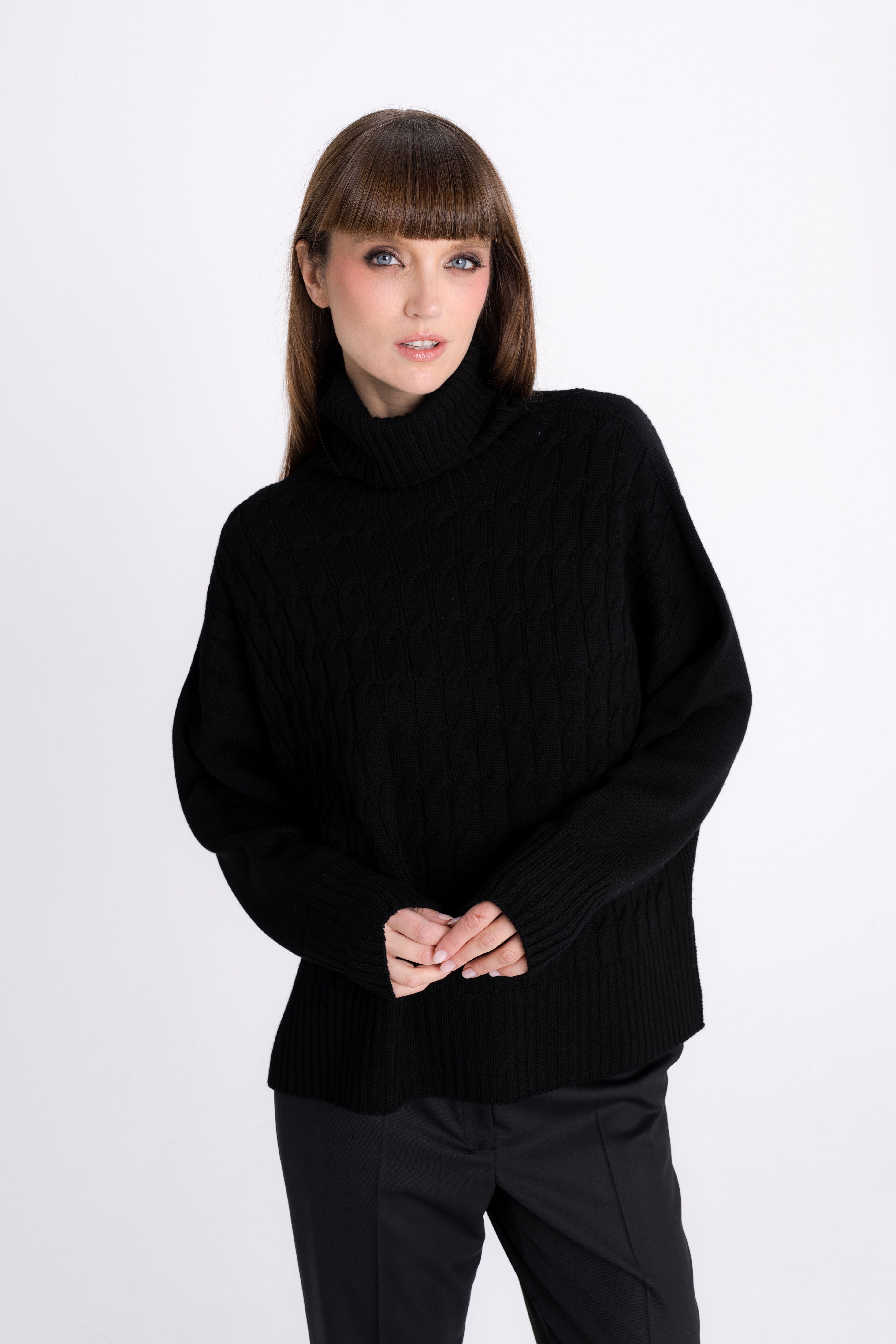 BLACK HIGH-NECK MERINO WOOL SWEATER