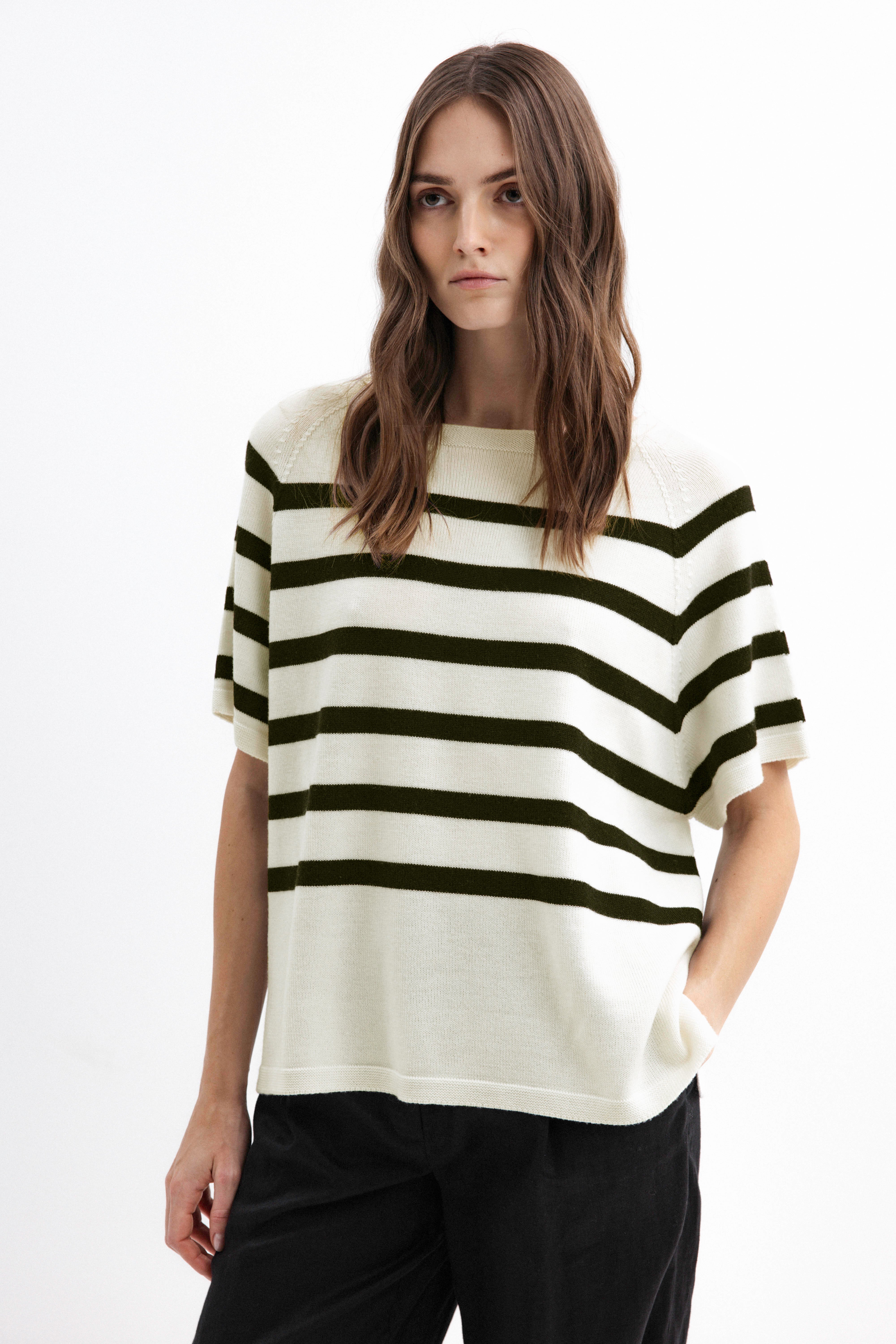 MERINO WOOL STRIPED SHORT-SLEEVE SWEATER