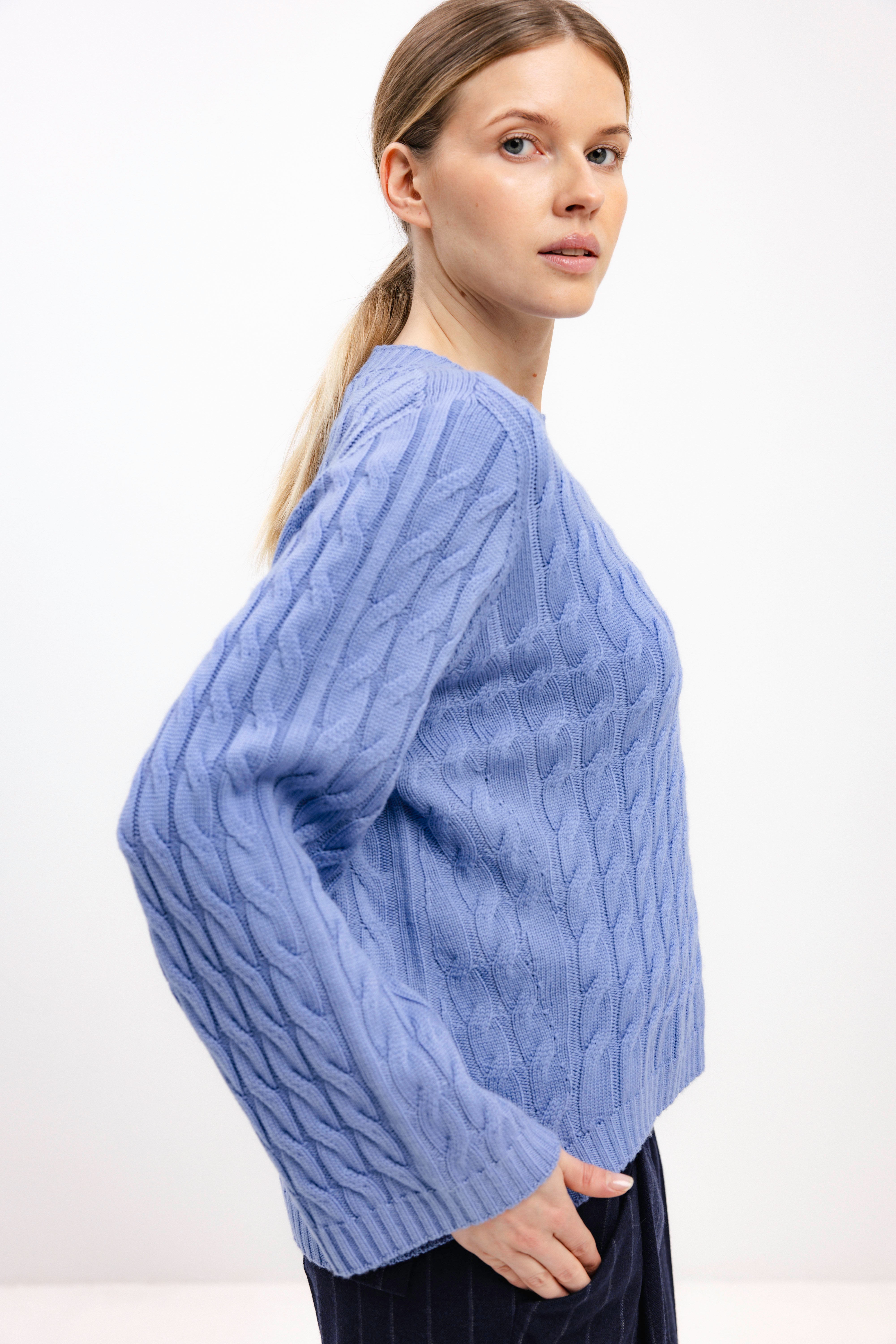 LIGHT BLUE MERINO WOOL SWEATER WITH BRAIDS