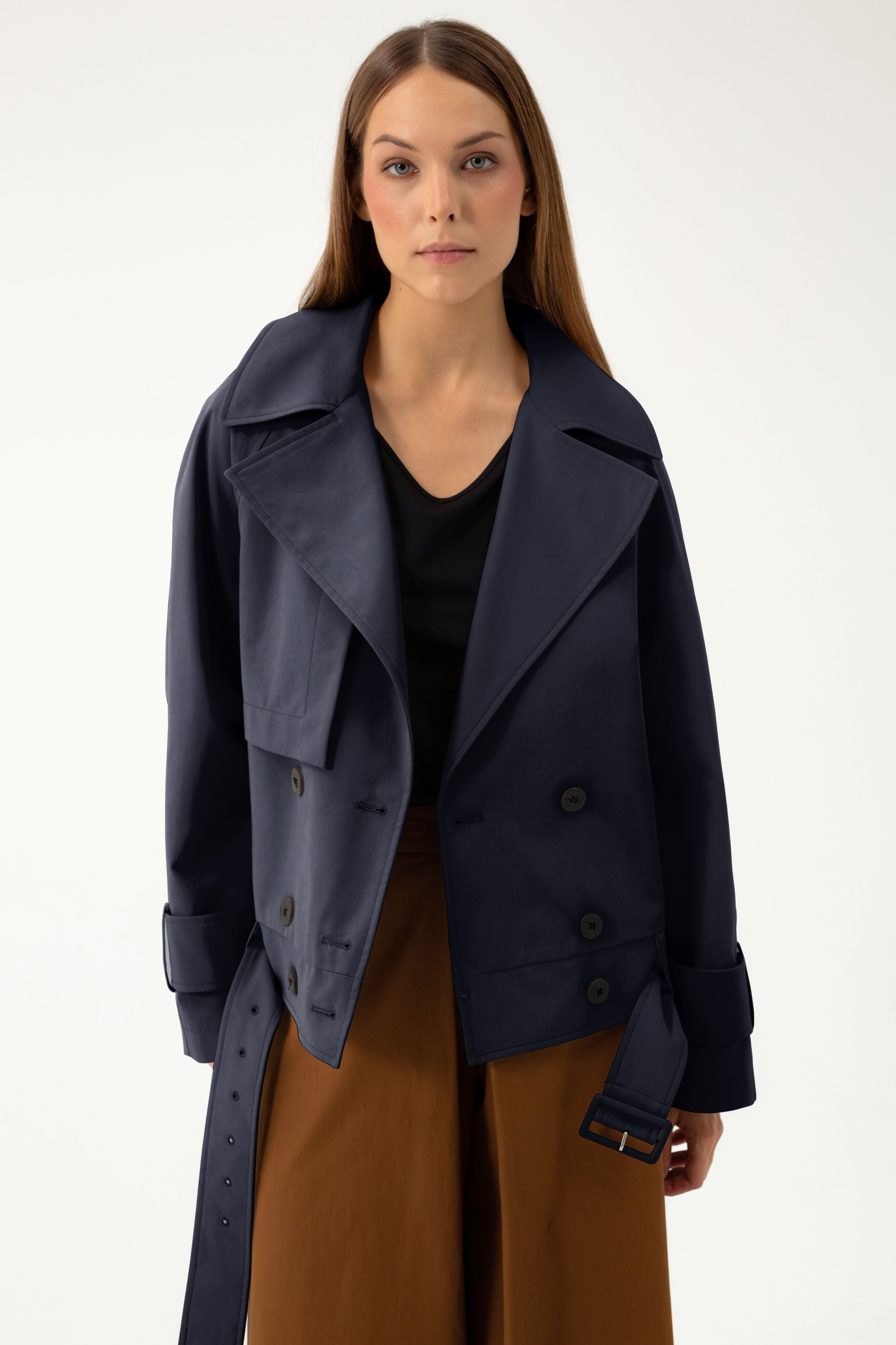 ジャケット・アウター second layer navy short coat Double Breasted Short Trench in Navy | LUCY IN THE SKY