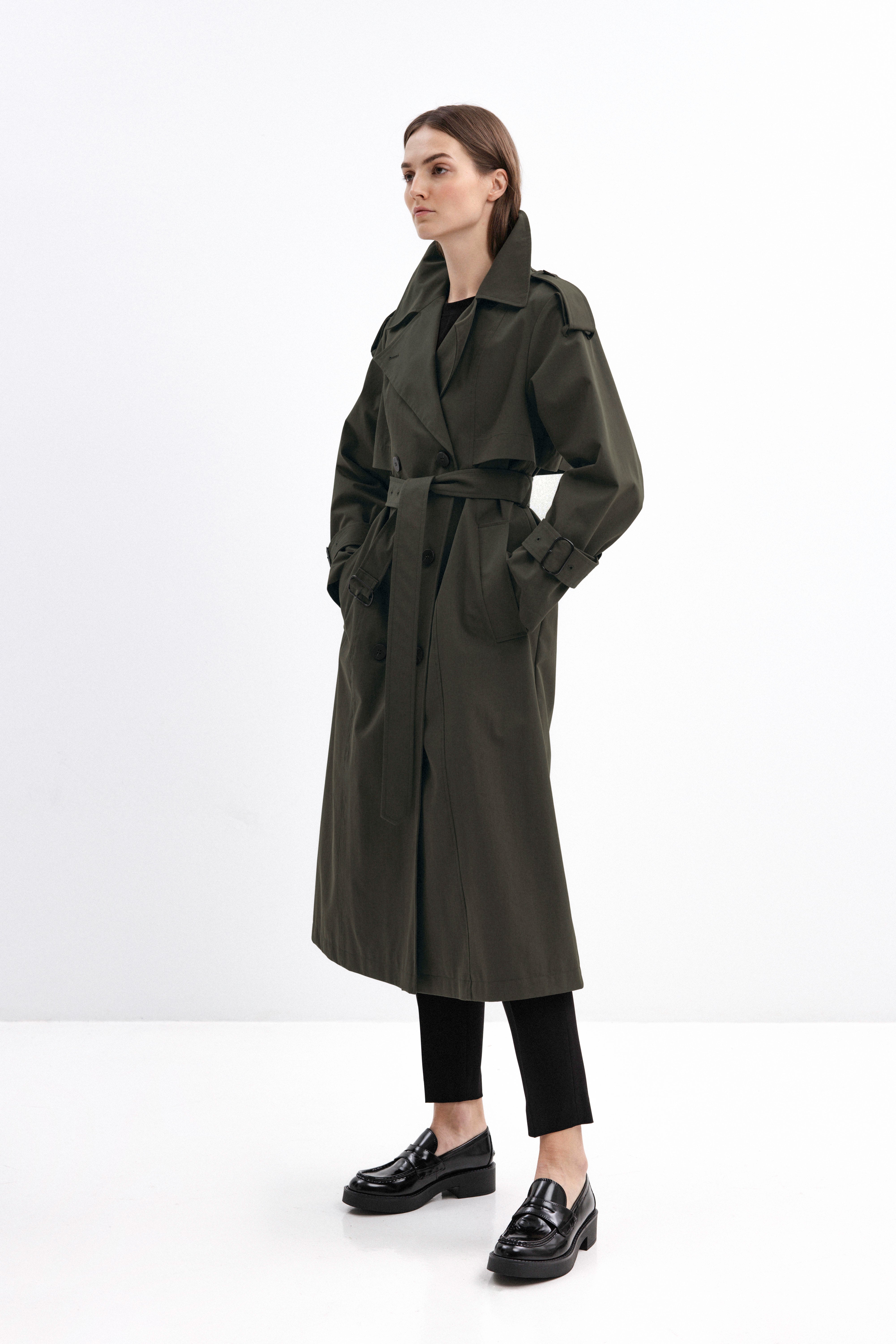 DOUBLE-BREASTED TRENCH COAT IN OLIVE