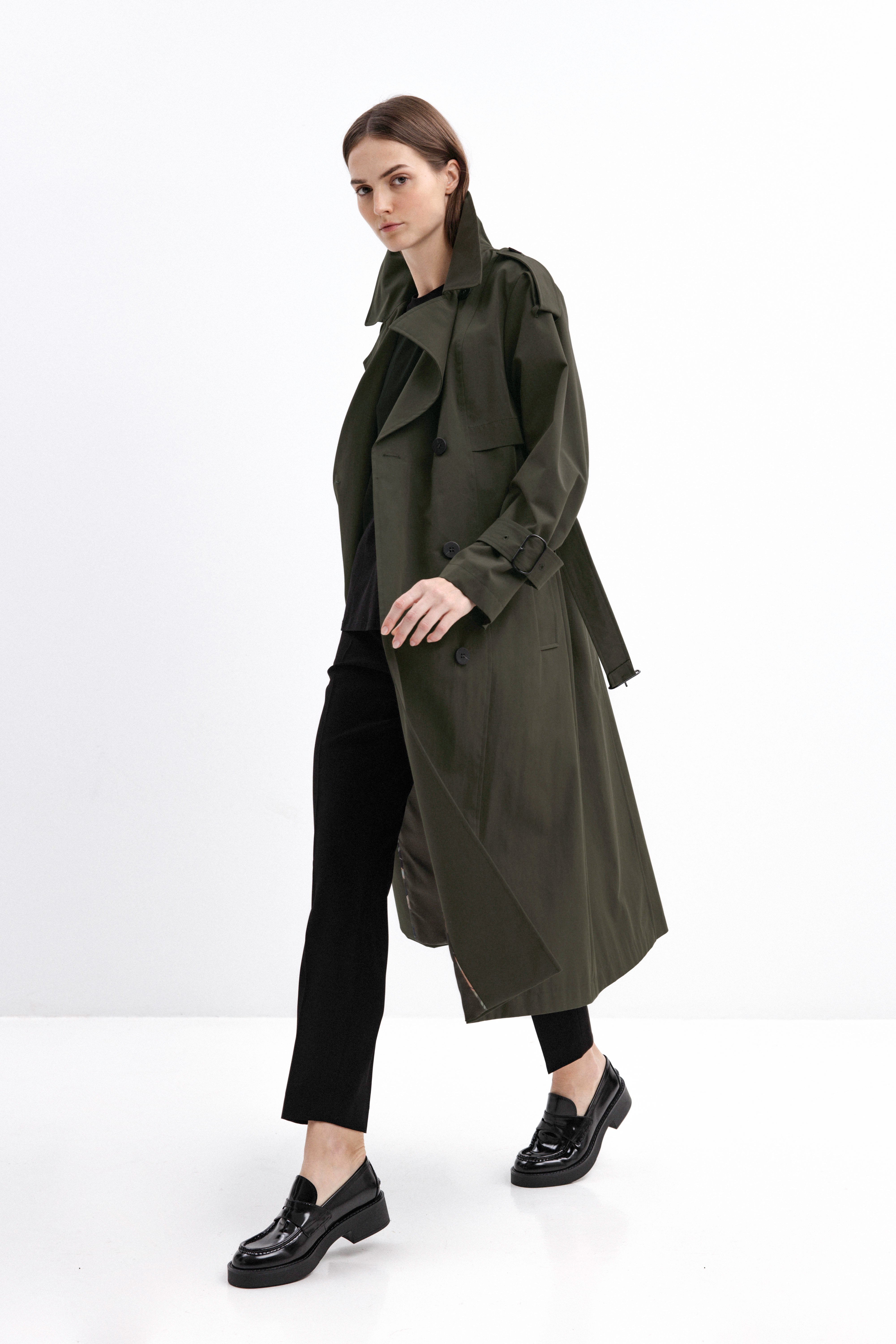 DOUBLE-BREASTED TRENCH COAT IN OLIVE
