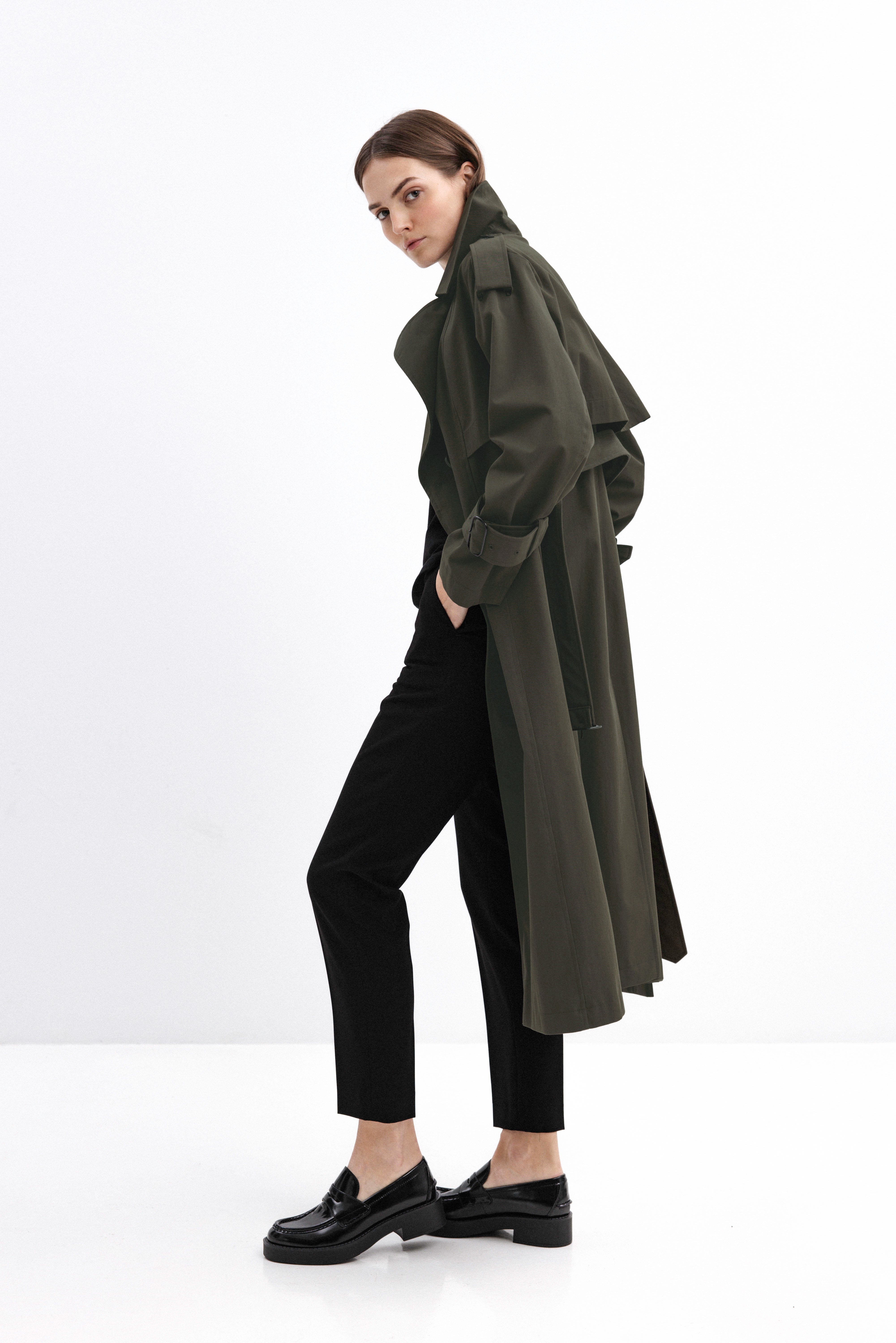 DOUBLE-BREASTED TRENCH COAT IN OLIVE