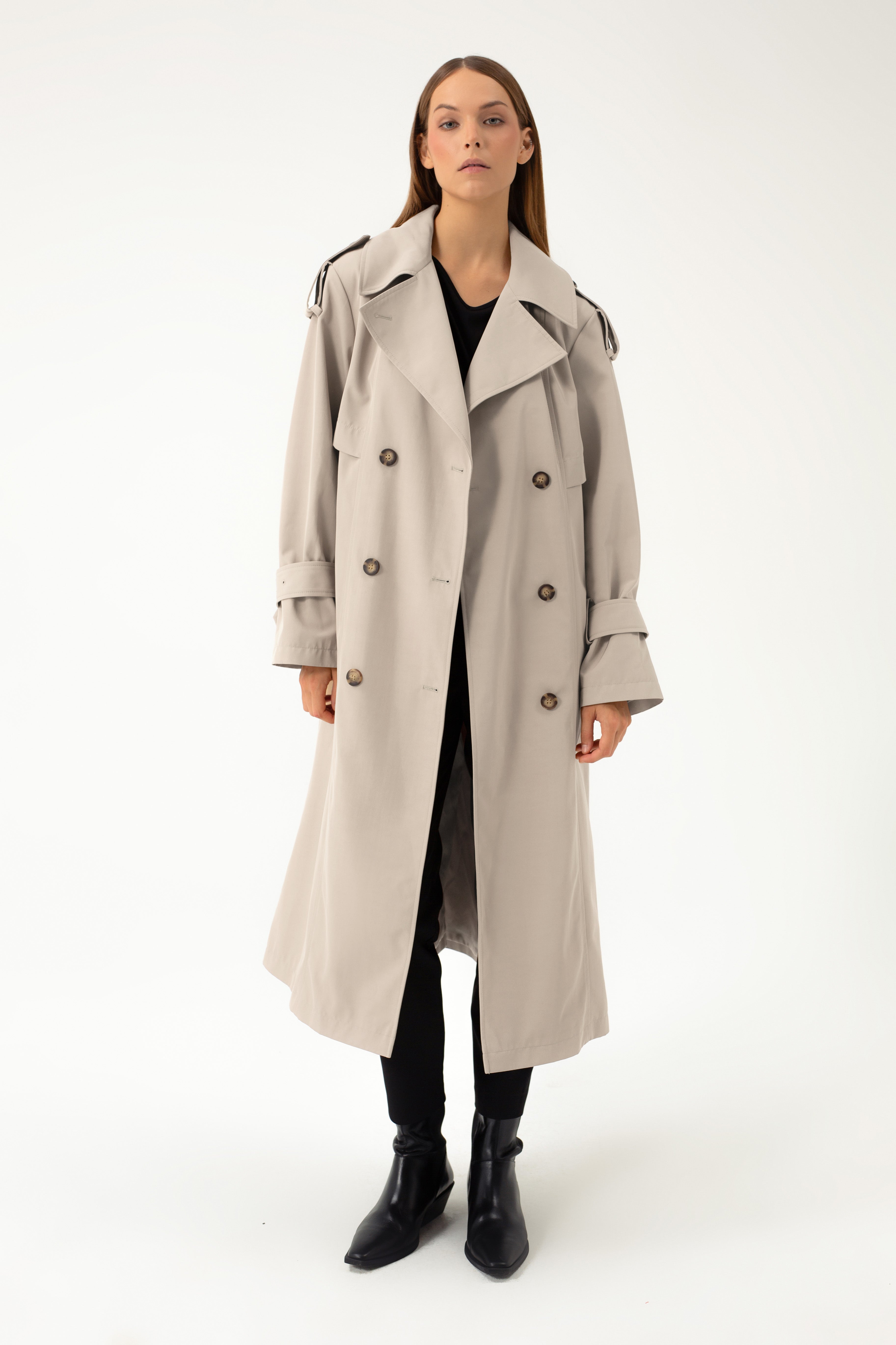 BEIGE TRENCHCOAT WITH DECORATIVE BELTS
