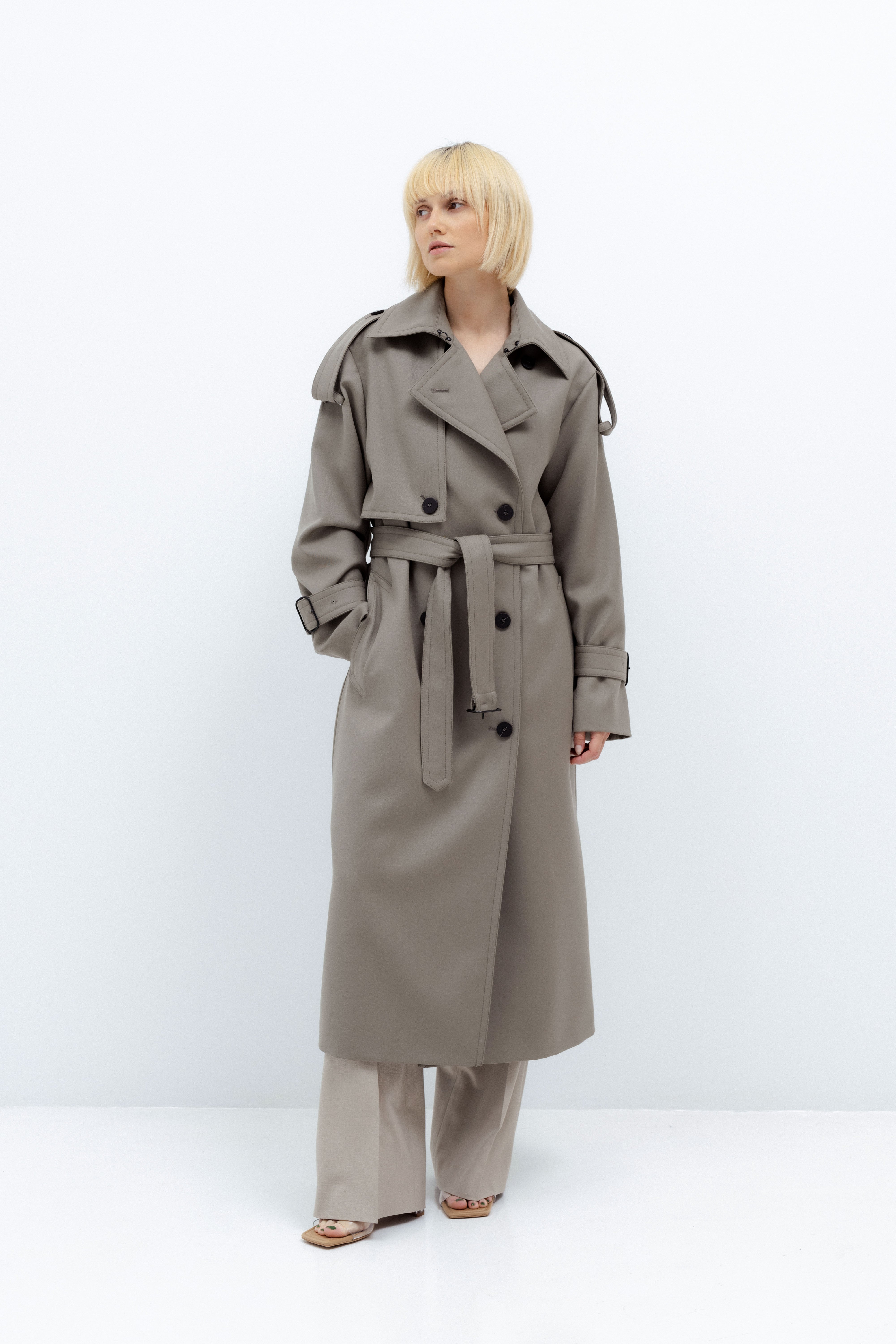 PASTEL KHAKI TRENCH COAT IN WOOL