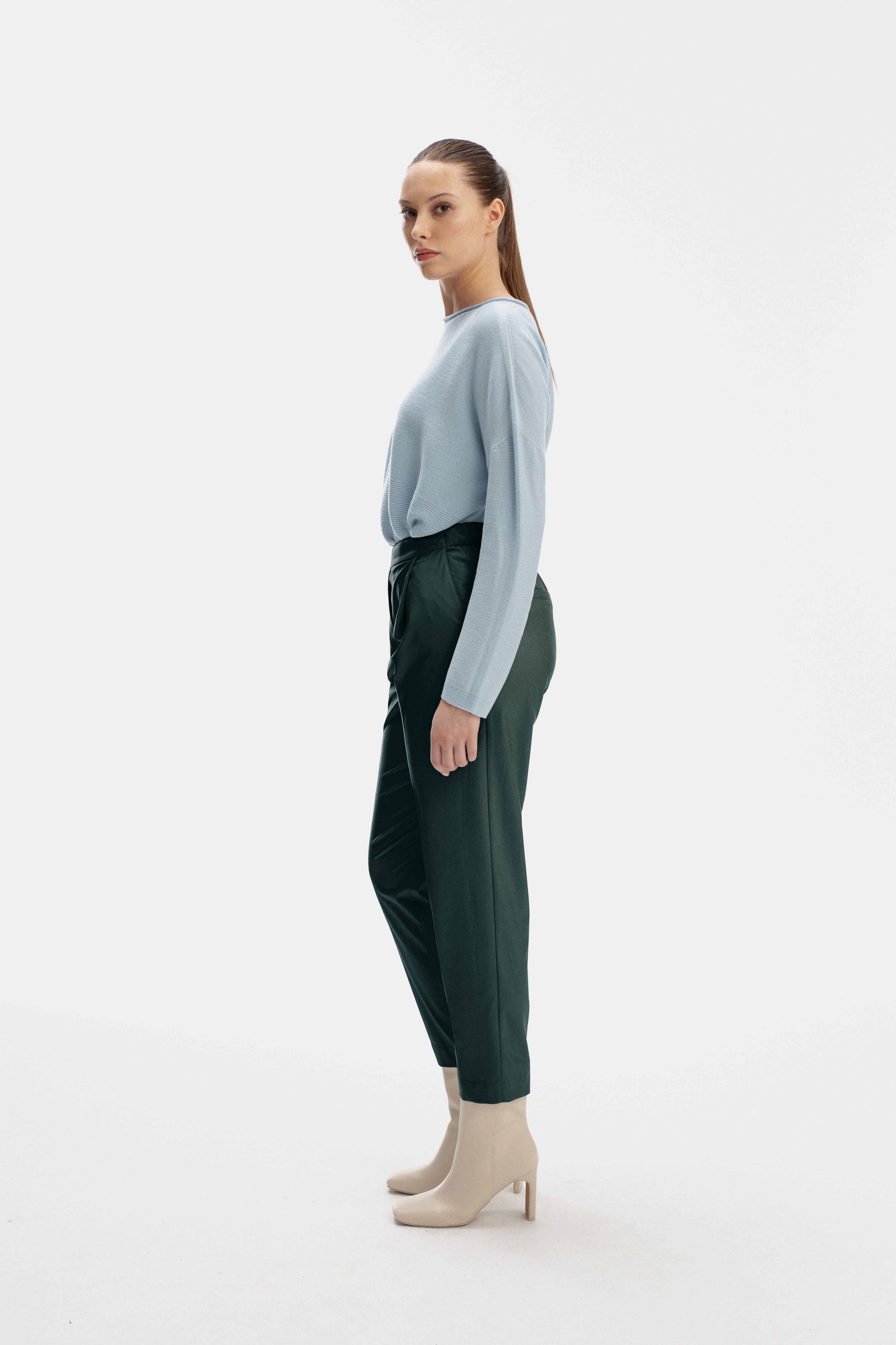 GREEN ECO LEATHER TROUSERS WITH ELASTIC WAISTBAND