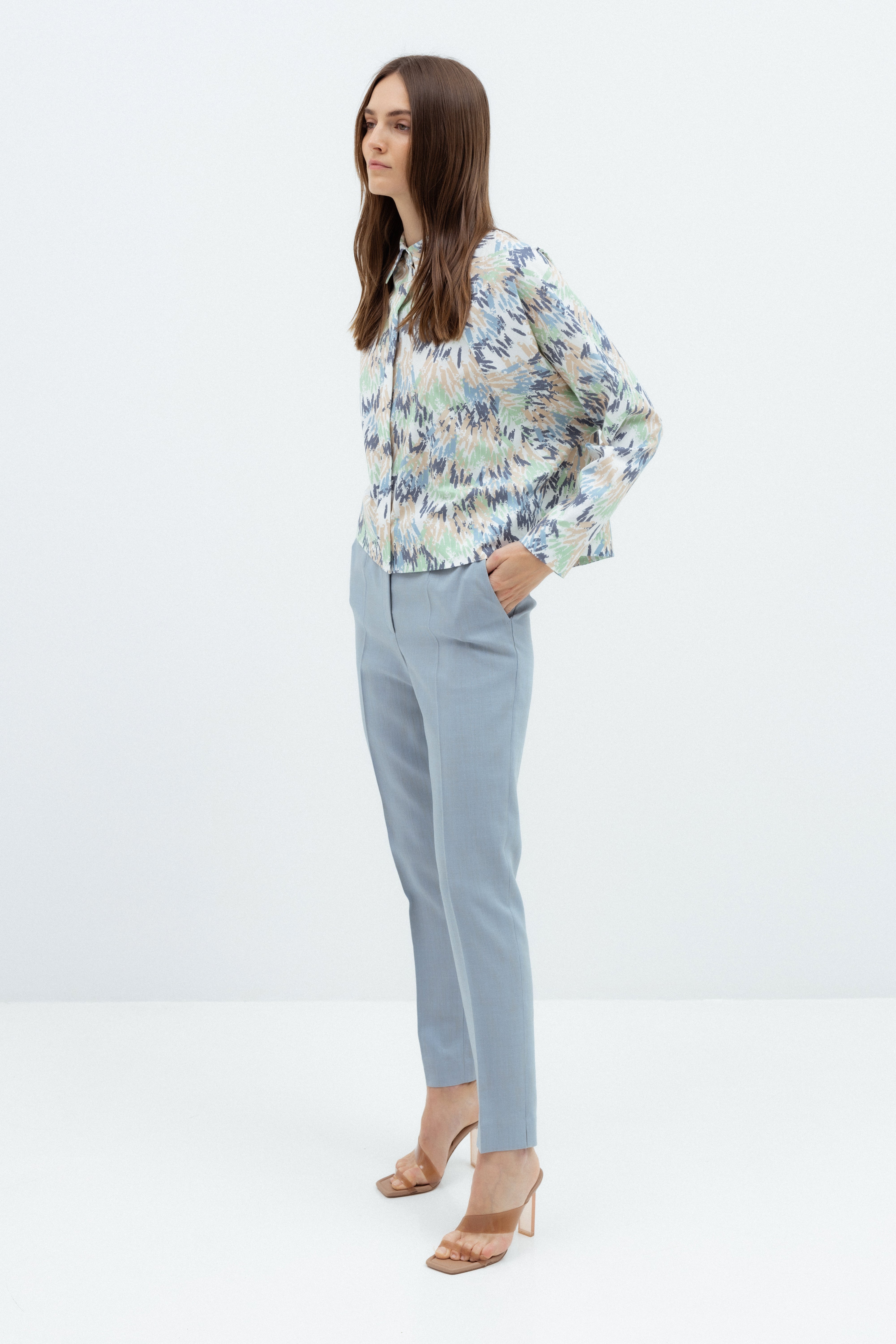 SLIM FIT DUST BLUE TROUSERS WITH FRONT PLEATS