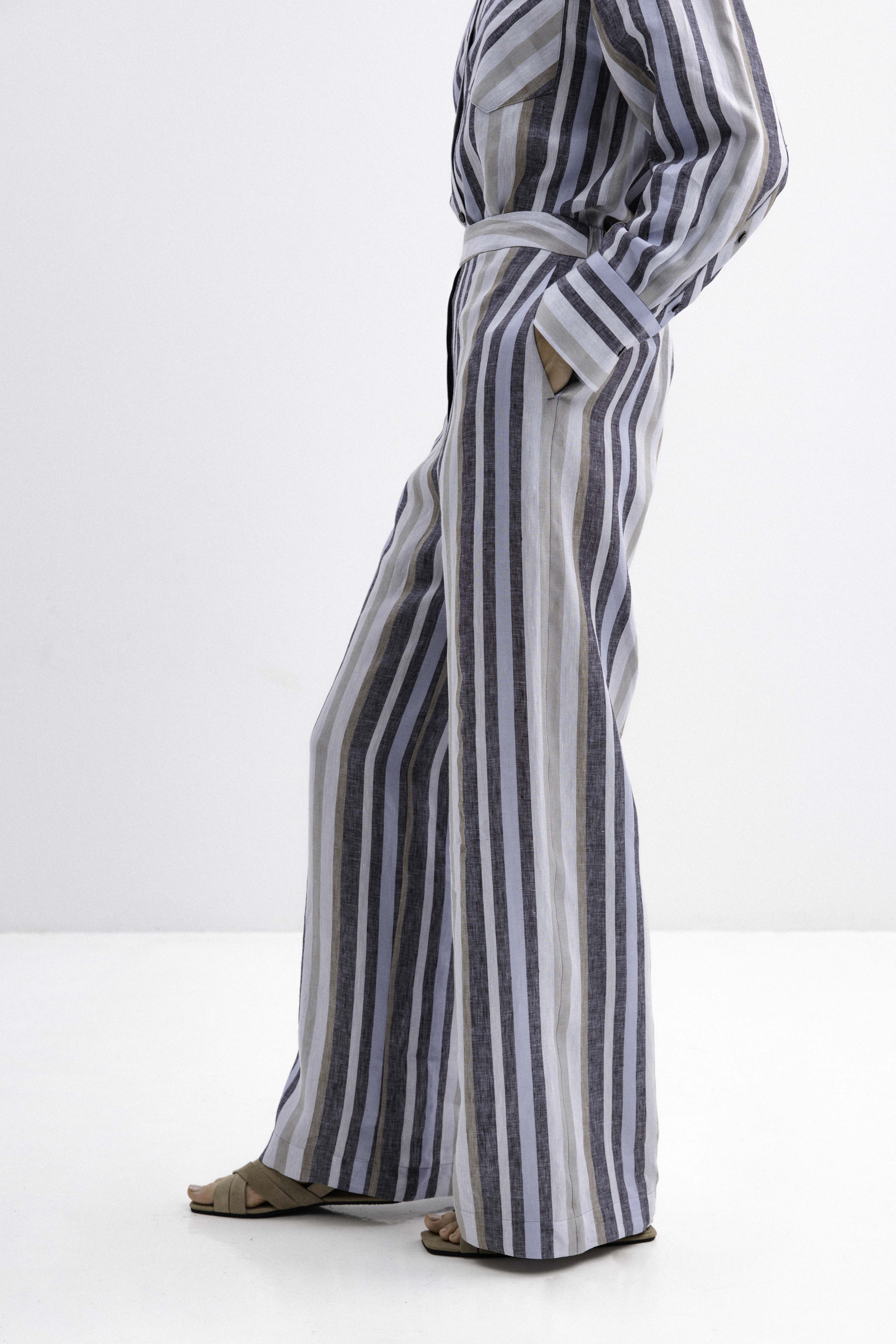 STRIPED WIDE-LEG LINEN TROUSERS