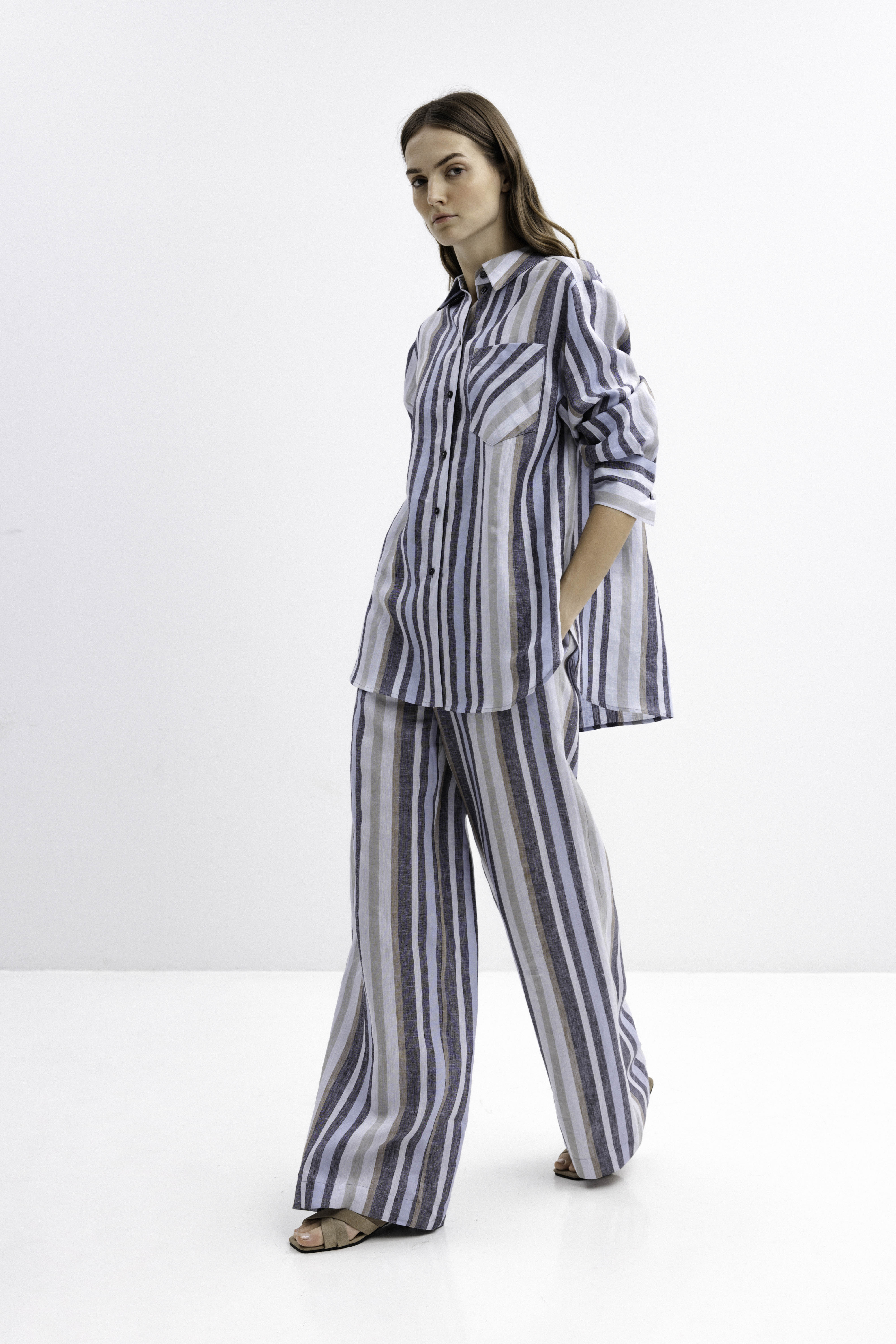 STRIPED WIDE-LEG LINEN TROUSERS