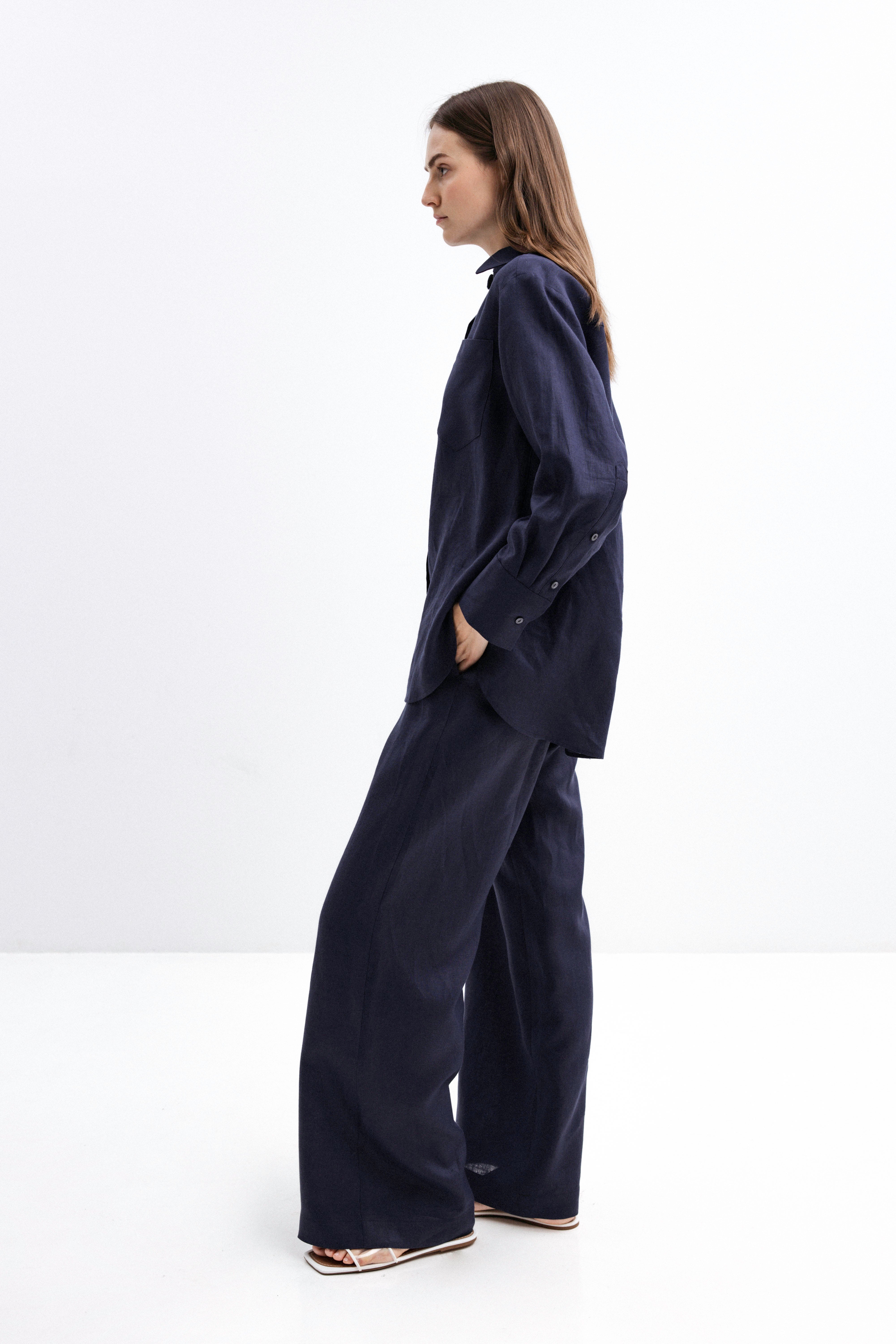 NAVY WIDE-LEG LINEN TROUSERS