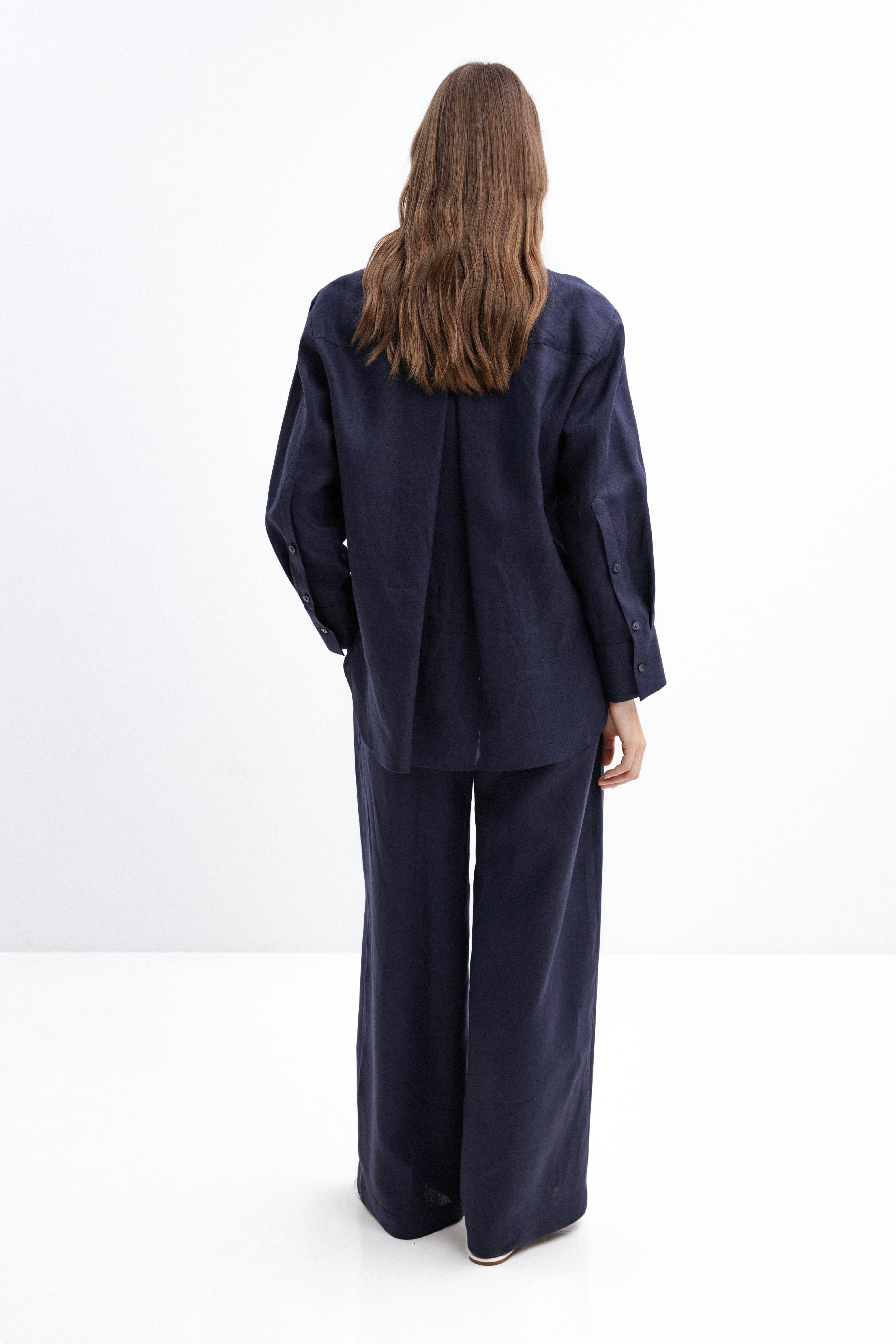 NAVY WIDE-LEG LINEN TROUSERS
