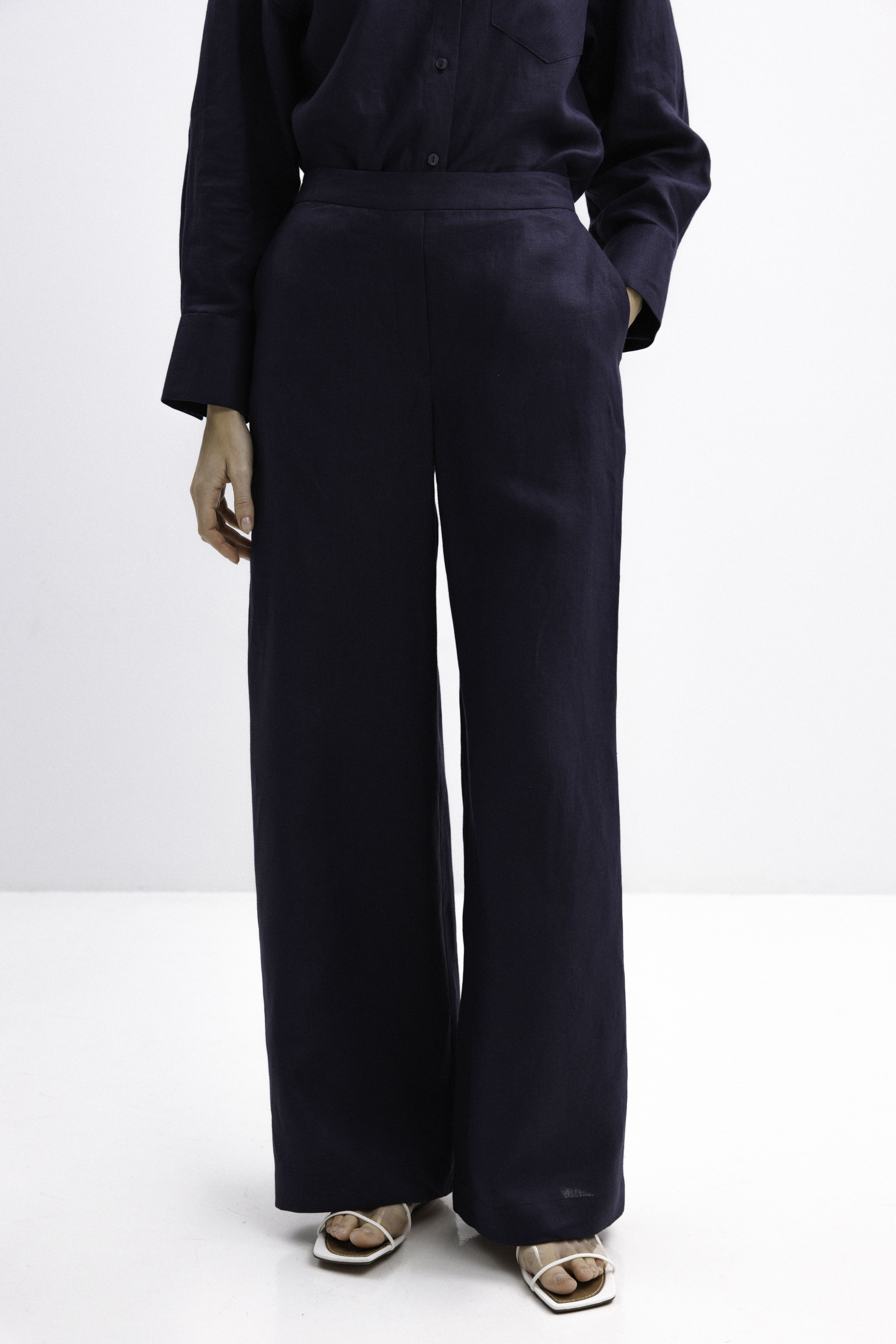NAVY WIDE-LEG LINEN TROUSERS