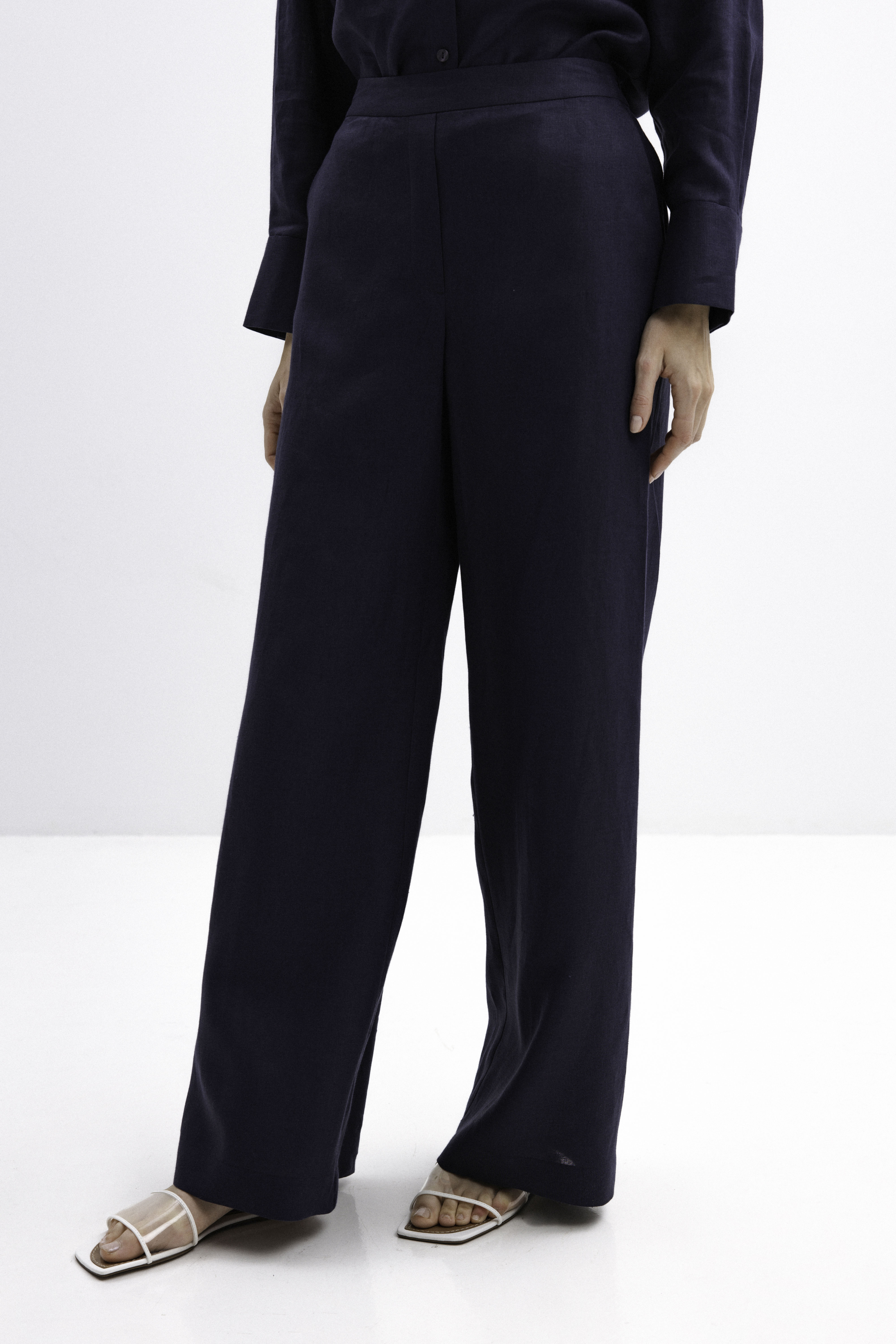 NAVY WIDE-LEG LINEN TROUSERS