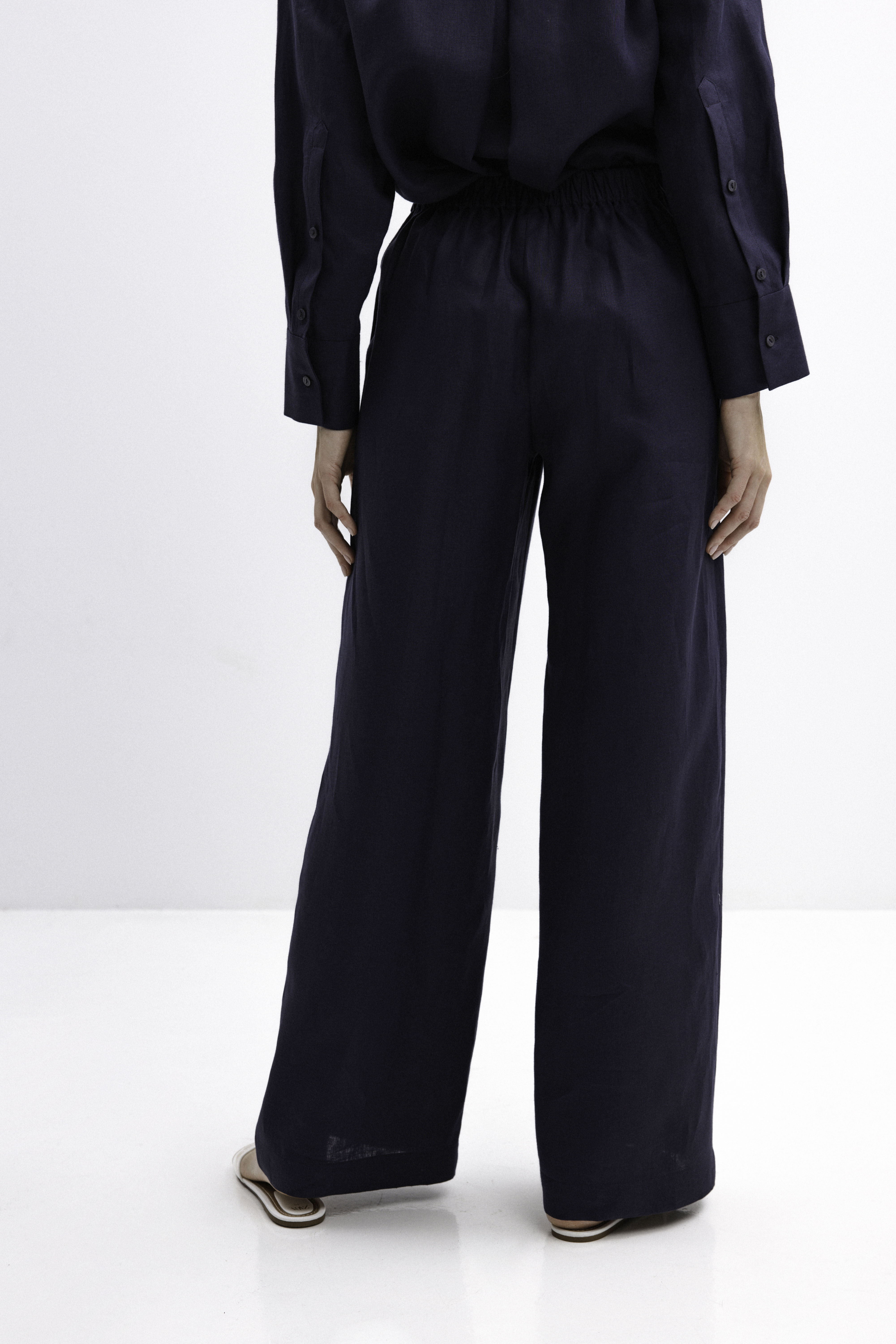 NAVY WIDE-LEG LINEN TROUSERS