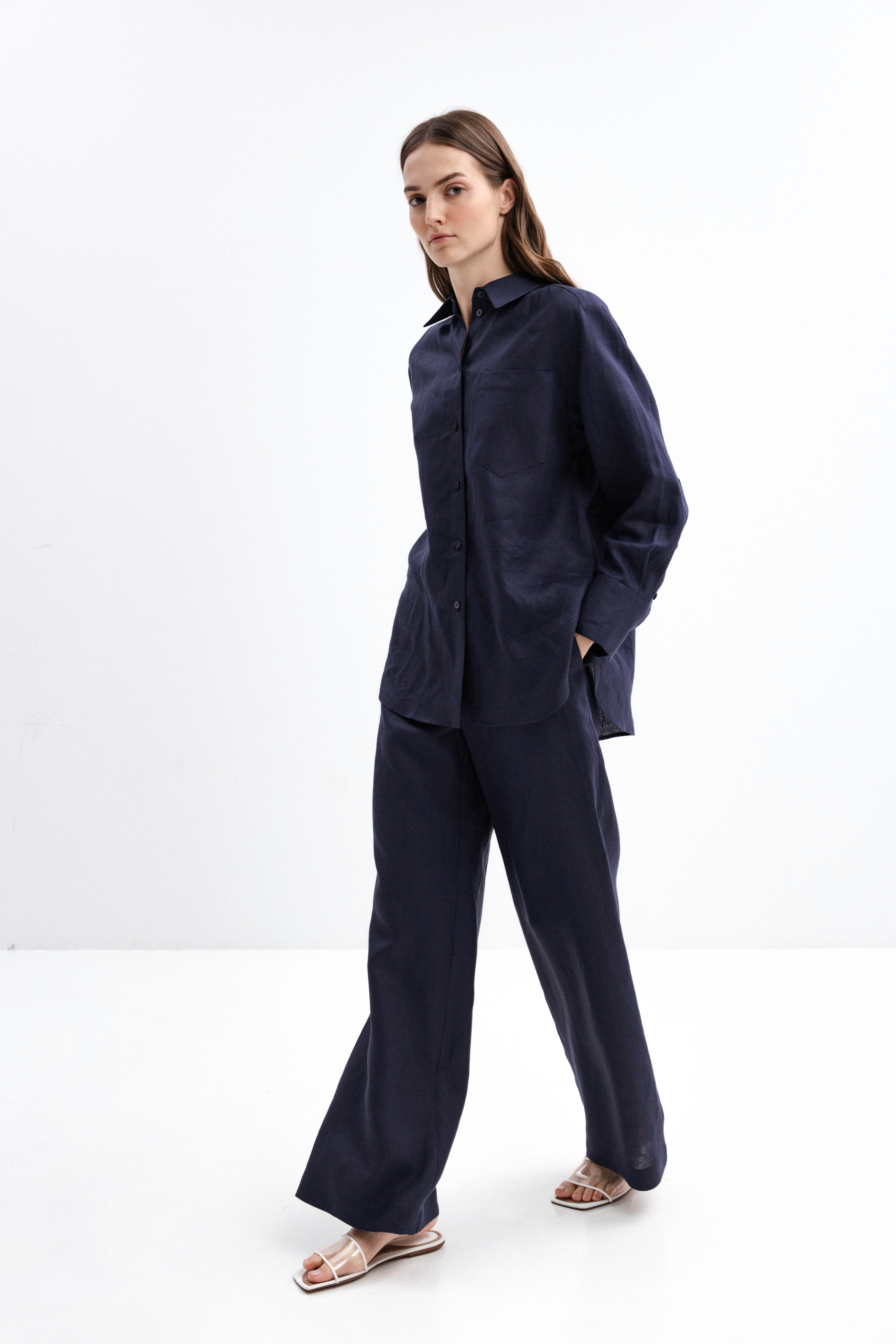 NAVY WIDE-LEG LINEN TROUSERS